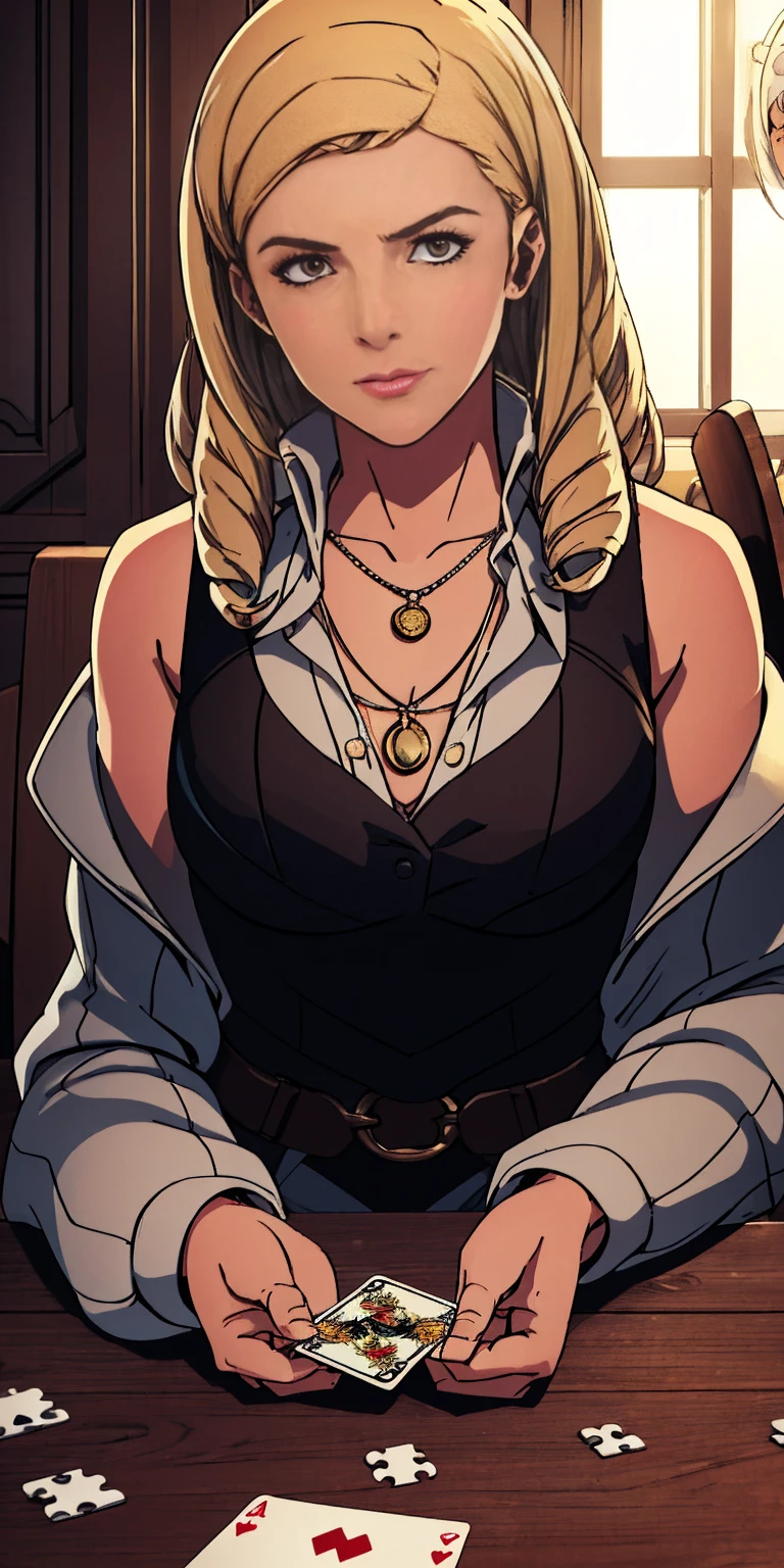 Highly detailed, High Quality, Masterpiece, beautiful, PlayingCards, 1slave girl, solo, holding, card, table, holding card, sitting, indoors, playing card, pov across table, closed mouth, looking at viewer, Forrest, Blonde hair, jacket on shoulders, necklace, big pendant, sleeveless shirt, millennium puzzle