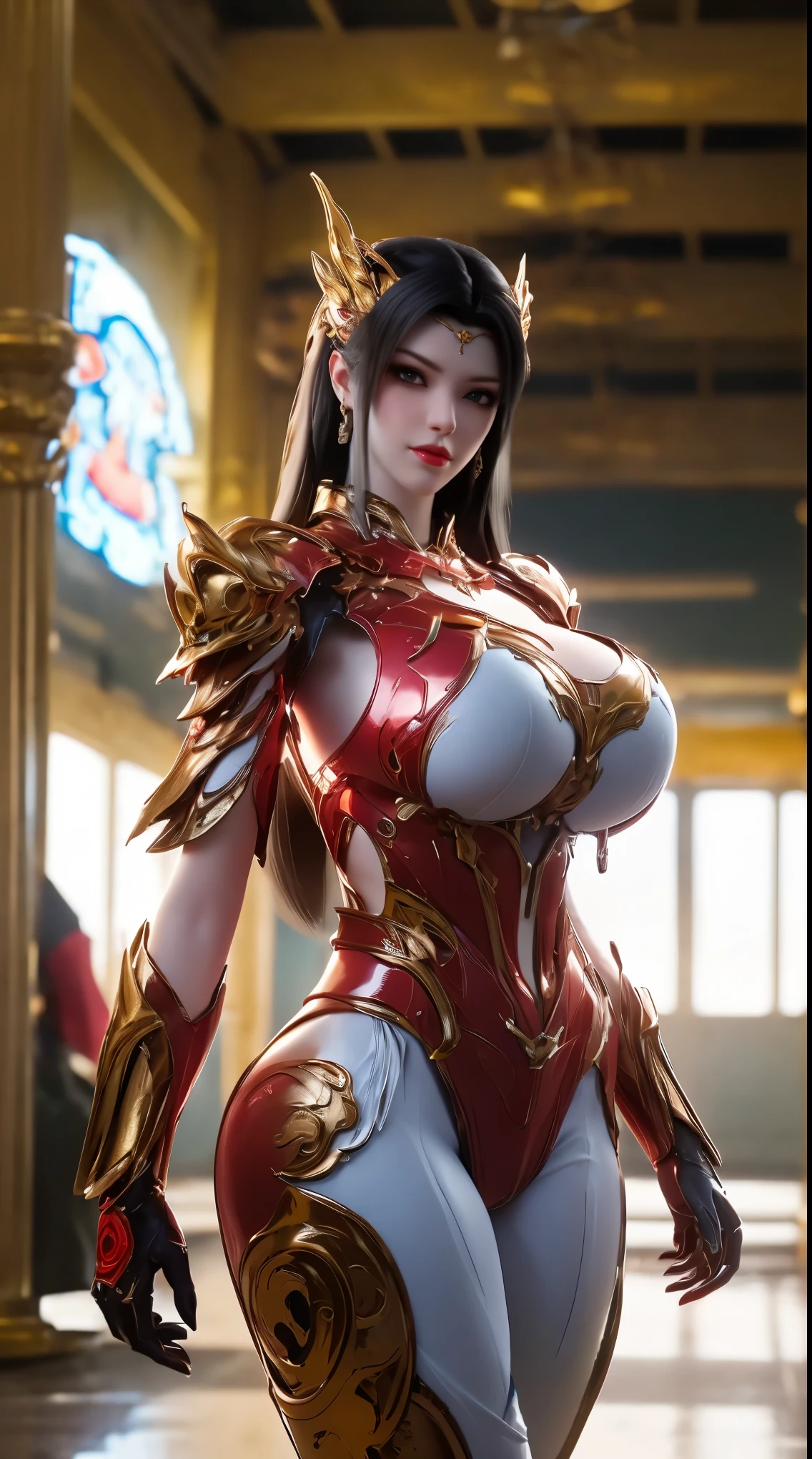 Tyran_Thai Lan, (1GIRL), (ALONE), (super detailed face), (half face phoenix mecha helm:1), (BIG BUTTOCKS, HUGE ROUND BREAST:1.5), (CLEAVAGE:1.5), (MUSCLE ABS:1.3), (MECHA GUARD ARMS, DIAMOND CORE IN MECHA ARMOR:1.3), (RED SHINY FUTURISTIC MECHA ARMORED GEAR, MECHA SKINTIGHT SUIT PANTS:1.5), (MUSCULAR BODY SHAPE,GLOWING SKIN:1.5), (LOOKING AT VIEWER:1.3), (female focus:0.9), (WALKING HALLWAY OF FUTURISTIC SPACE STATION:1), (BRIGHT LIGHT WHITE_ROOM:1.3), HYPER TEXTURE, UNREAL ENGINE RENDER, PHYSICALLY-BASED RENDERING, ULTRA HIGHT DEFINITION, 16K, 1080P.