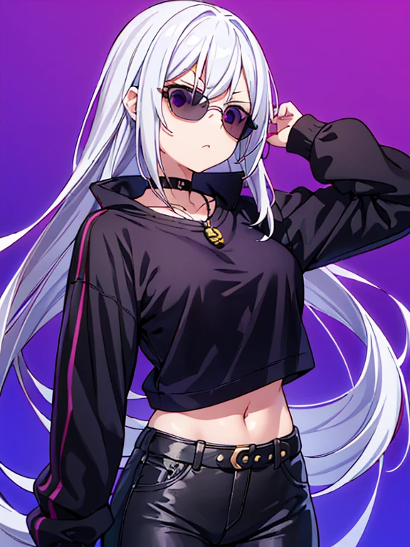 A girl holding katana right hand and her appearance has long a white silver hair goes through her waist and her eyes Tyrian Purple as she wearing a black Loose O-neck sweat shirt on her neck there's a gold pendal with purple jewelry, she wearing black aviator sunglasses, black jeans*.