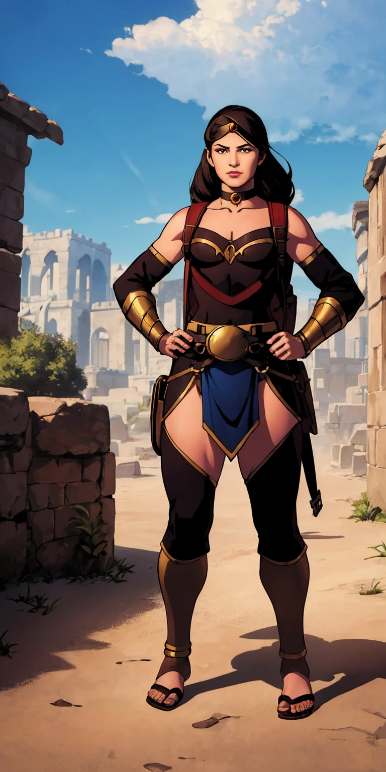 full body, whole body. 1solo (girl). slave fighter, loincloth standing, hands on hips full body, whole body. 1solo (girl). slave fighter, loincloth standing, hands on hips, metal sandals, backpack, choker, big belt, view from below, feet together, bracers, tiara