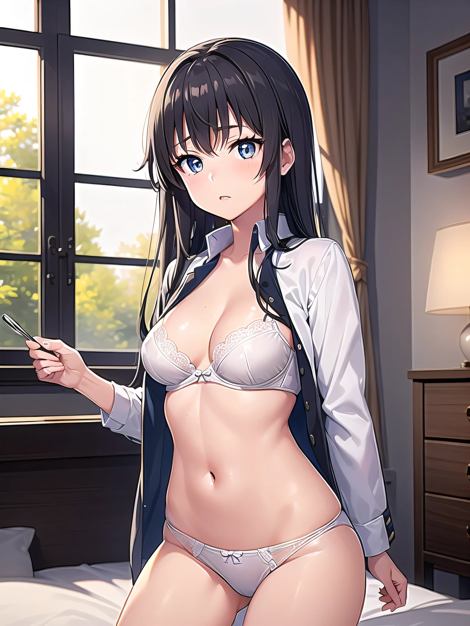 (A superb exquisite yukinoshitaYukino),(yukinoshitaYukino:1.5), (oregairuUniform:1.5), brown eyes, black hair, natural straight hair, straight bangs, solo, nature, extremely delicate, straight facial features, peerless beautiful girl, soft, (sensual face), ((ecchi face)), dreamy quality, exaggerated facial features, solid color, frank holly, delicate face, bright lips, slender waist, soft curves, real light and shadow, super fine, 4k, natural moving, Ultra high resolution, (masterpiece:1.2, best quality), (finely detailed beautiful eyes: 1.2), (beautiful detailed face), sexy semi-nude model, sexy pose, Ultra high definition white bra and panties, erect nipples,Medium chest, slender body, (bedroom), 