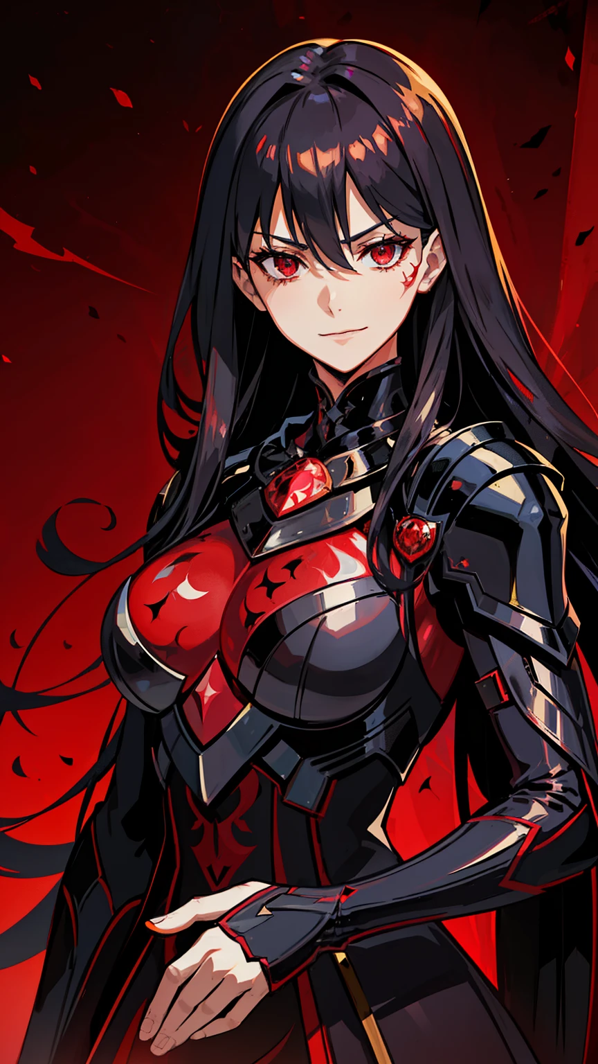(high-quality, breathtaking),(expressive eyes, perfect face) 1female, girl , solo, young adult, long hair length, wavy curly hair, soft wave, black hair color, red highlights in hair, deep red eye color, background, music, smug expression, smirk, mature, dominant, haunting red background, armor, onyx black armor with red trim, midnight dark armor with red cracks engraved in the exterior, saber alter, alter saber fate stay night, corrupted theme, corrupted armor, red lines on armor, conquerer vibe, red markings on armor, slightly narrow eyes, evil queen, narrow beautiful eyes, queen chess piece, beautiful hair, detailed eyes