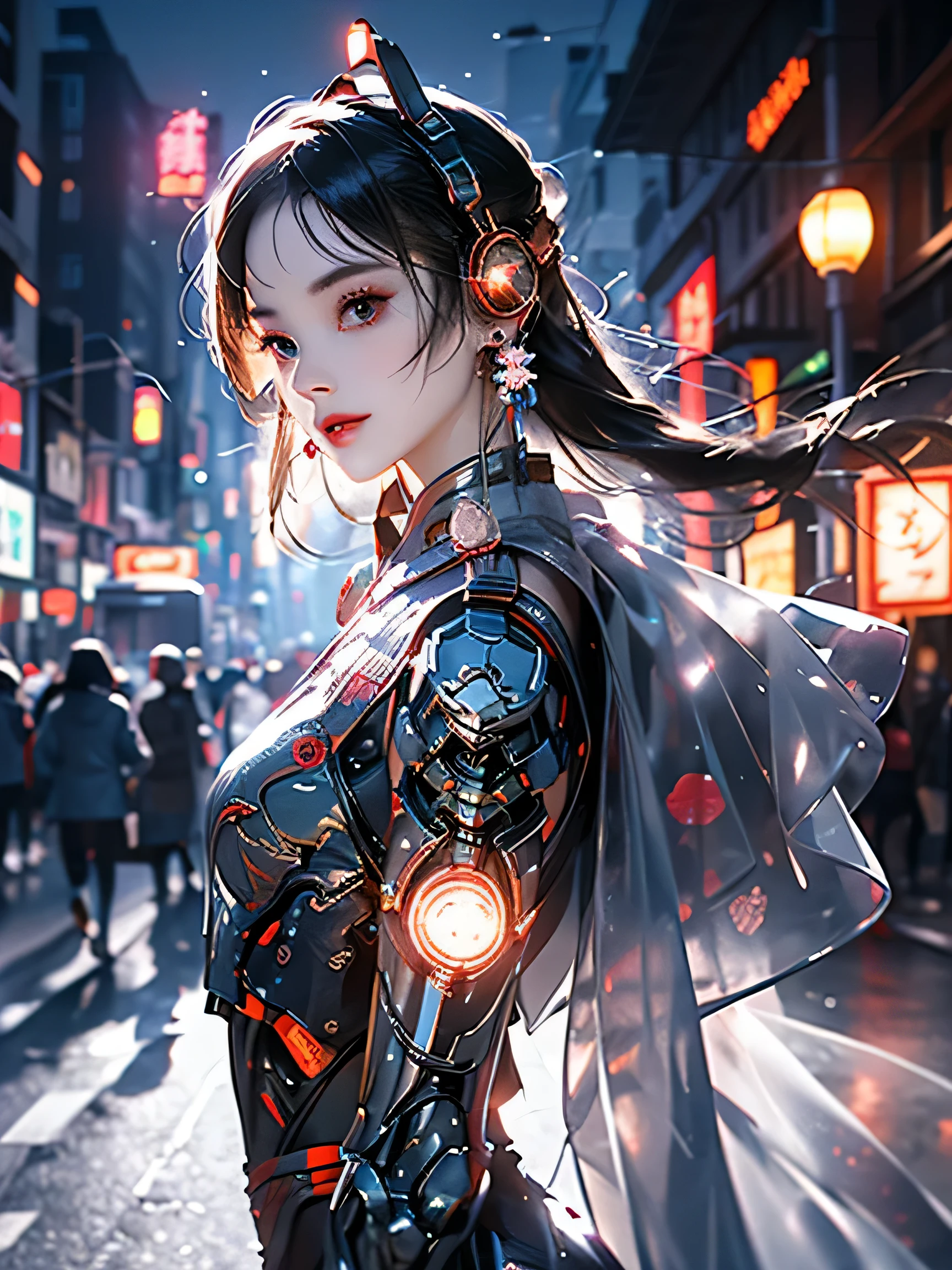 1 girl,Full body female love,middle distance vision, Chinese_clothing, Metallic black, titanium and pink, Online Hanfu, On the cheongsam, Cyberpunk Chinese Ancient Castle,lantern,大红lantern, dynamic poses, Details Luminous Headphones, Luminous hair accessories, long white hair, Luminous earringss,glow necklace,cyberpunk character, 霓虹闪烁的城市街道挂满了lantern, Full of mechanical and futuristic elements, Afu Futurism, technology,glowing neon lights,pink big breasts,pink light,sexy skirt,black cloak,laser light,Digital background city sky,大红lantern,best quality,masterpiece,8k,Character edge light,Ultra high detail,high quality,The most beautiful woman among men,Smile,The face is symmetrical from side to side,exquisite eyes,The eyes are beautiful,The eyes are clear,facing forward,earrings,Long antenna glows,beautiful student,Lighting effects,visual data,silver red orange hair color,ultra detailed facial texture,happiness,Weapons systems,The streets are crowded with pedestrians,Mecha style,Head-mounted light-emitting antenna,Rear injector