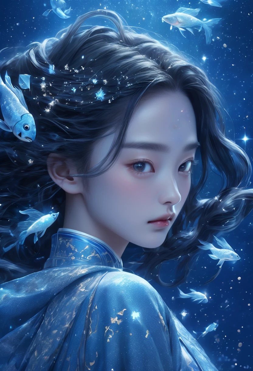 Twelve constellations, Pisces, ancient Chinese girl, face close-up, water surface, elegance,fish, ocean, royal, glitter, noble, sacred, blue background, linear, realistic, two-dimensional,starry sky, mysterious, centered shape structure diagram, Exquisite, characters, mid-range shots,illustrations,Close-Up(CU),32K,HDR