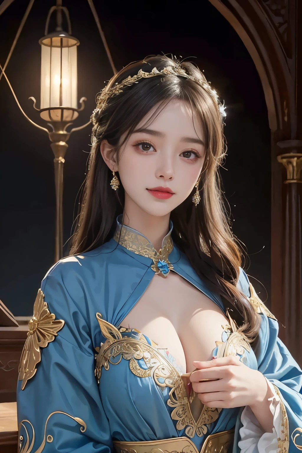 (masterpiece、highest quality、highest quality、official art、beautiful and aesthetic:1.2)、(1 girl)、extreme details、colorful、best details、official art、unity 8k wallpaper、Super detailed、beautiful and aesthetic、big boobs、smile、masterpiece、highest quality、(zentangle、mandala、tangle、Entanglement)、holy light、gold foil、gold foilアート、Glitter painting、Blue costume、Perfect NwsjMajmagic、in the palace