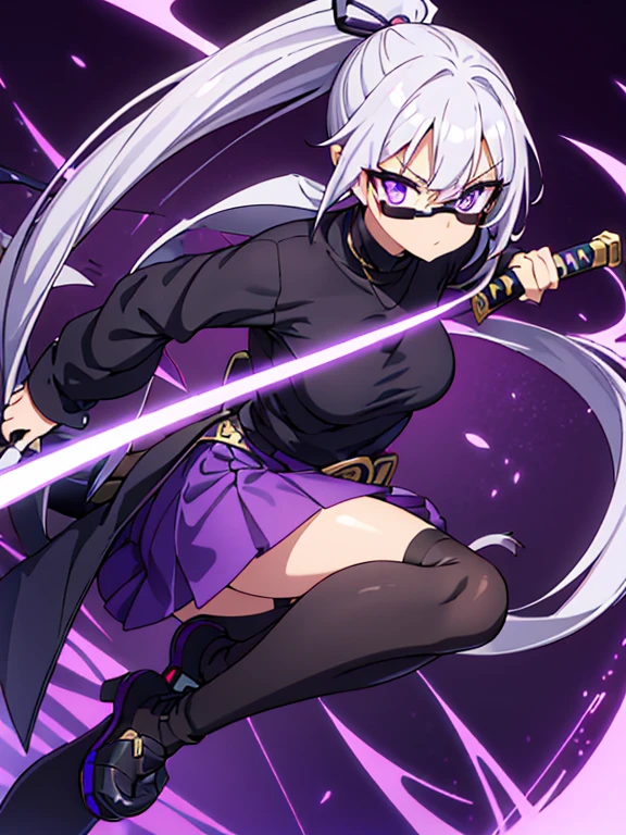 A girl unsheathing her katana her appearance She has long a silver hair goes through her waist and her eyes Tyrian Purple as she wearing a black Loose O-neck sweat shirt on her neck there's a gold pendal with purple jewelry, she wearing black aviator sunglasses, she wearing a gray skirt and under her legs she wearing black socks*.