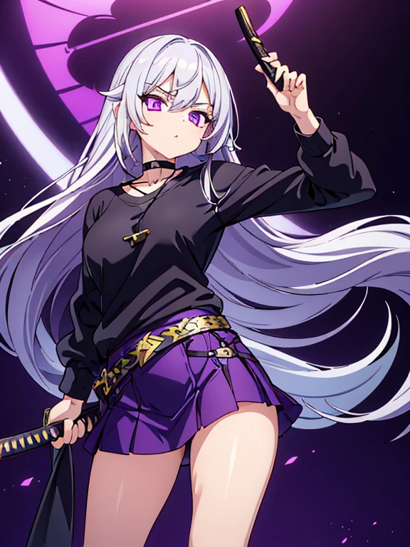 A girl unsheathing her katana her appearance She has long a silver hair goes through her waist and her eyes Tyrian Purple as she wearing a black Loose O-neck sweat shirt on her neck there's a gold pendal with purple jewelry, she wearing black aviator sunglasses, she wearing a gray skirt and under her legs she wearing black socks*.