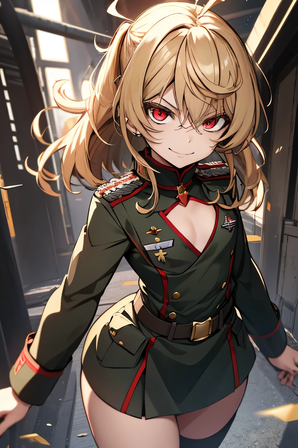 (masterpiece, best quality: 1.1), 1girl solo, tanya, 1girl, solo, petite, flat chest, small breasts, curvy, military, military uniform, ,, evil smile, wicked expression, anger, red eyes, neutral lighting