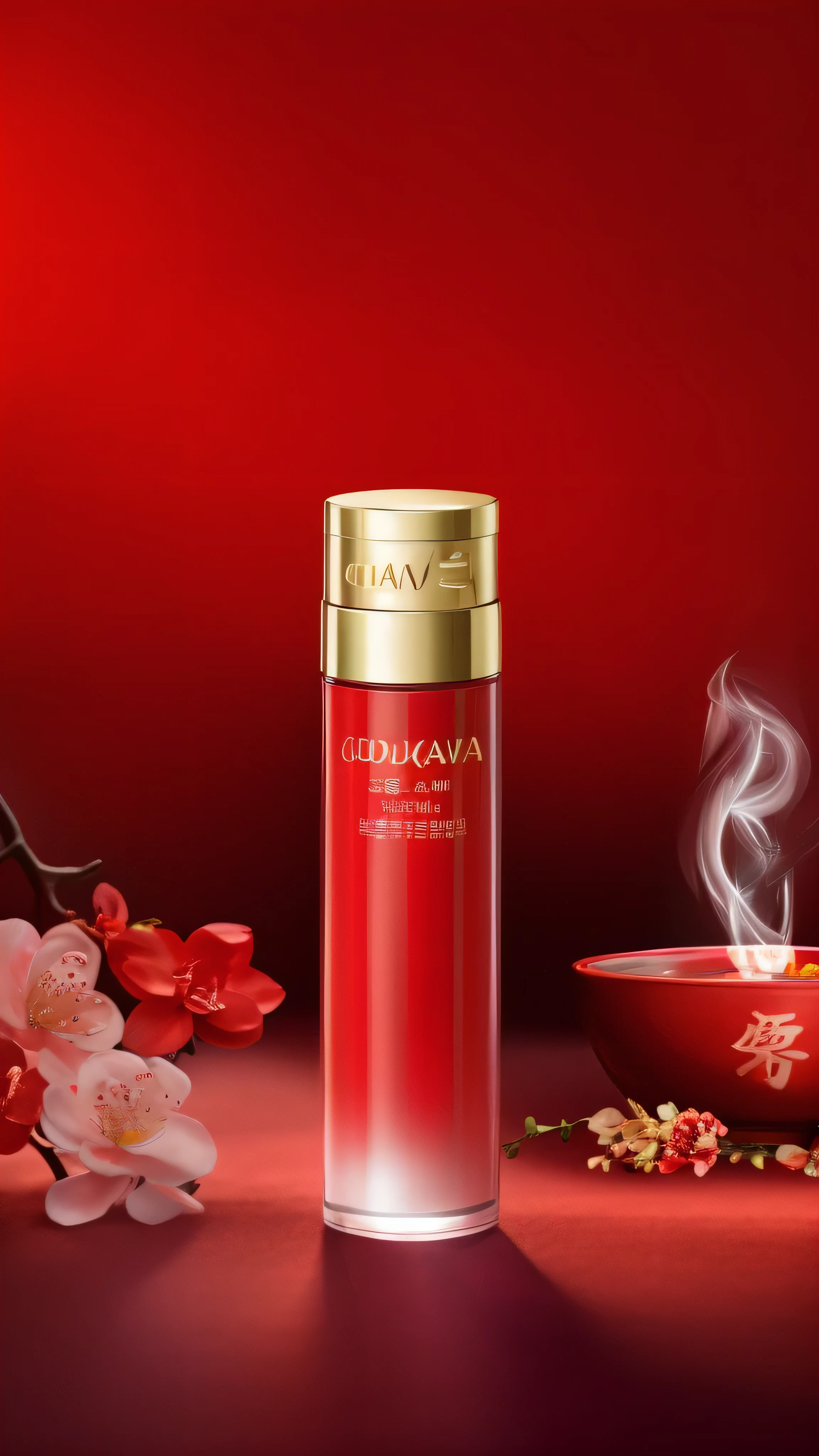 a close up of a bottle of red beauty next to a bowl of flowers, red glowing skin, sha xi, beauty, inspired by Yao Tingmei, red color theme, beauty campaign, red theme, red mood in background, red magic, su fu, smooth red skin, by Ni Yuanlu, fine details. red, beauty shot, beatiful