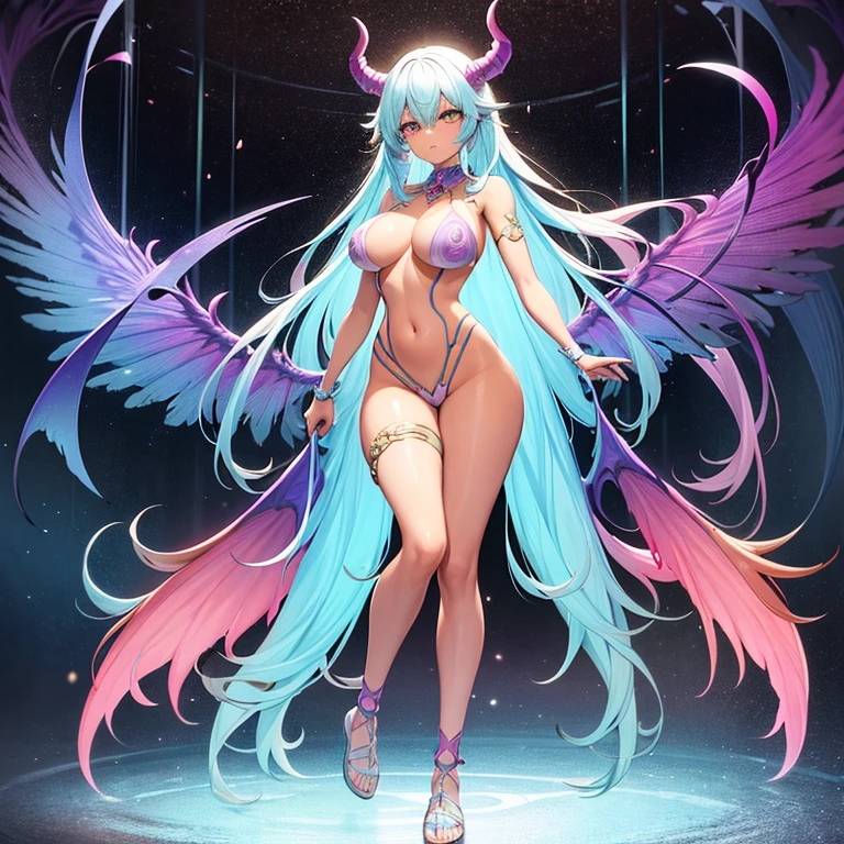 a girl with long rainbow colored hair and tan skin, standing, intricate details, perfect face, full breasts, vagina, 1 girl, full body, demon-slayer uniform,