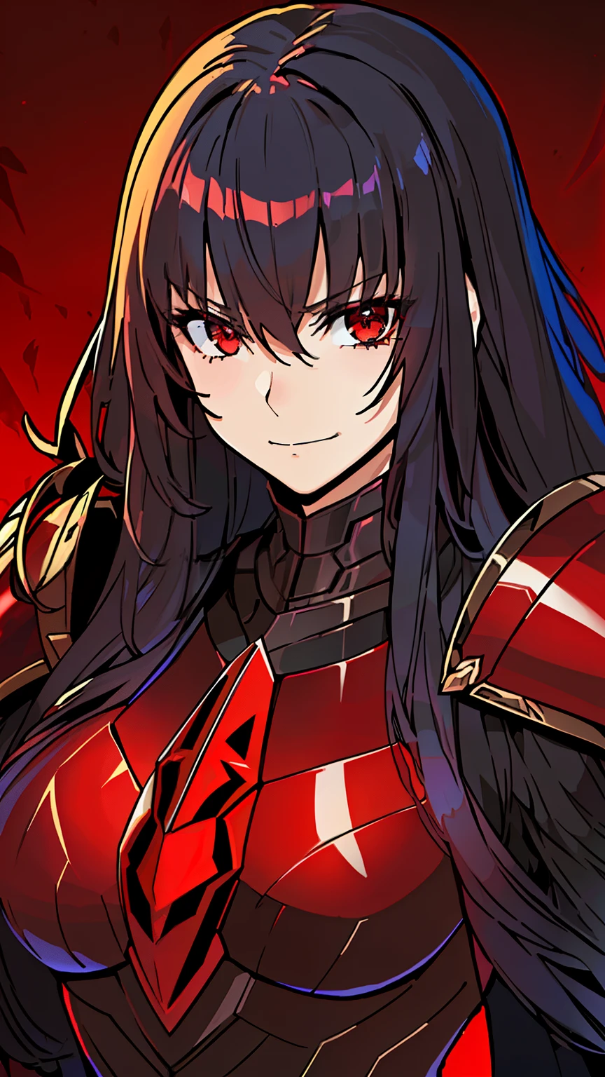 (high-quality, breathtaking),(expressive eyes, perfect face) 1female, girl , solo, young adult, long hair length, wavy curly hair, soft wave, black hair color, red highlights in hair, deep red eye color, background, music, smug expression, smirk, mature, dominant, haunting red background, armor, onyx black armor with red trim, midnight dark armor with red cracks engraved in the exterior, saber alter, alter saber fate stay night, corrupted theme, corrupted armor, red lines on armor, conquerer vibe, red markings on armor, slightly narrow eyes, evil queen, narrow beautiful eyes, queen chess piece, beautiful hair, detailed eyes