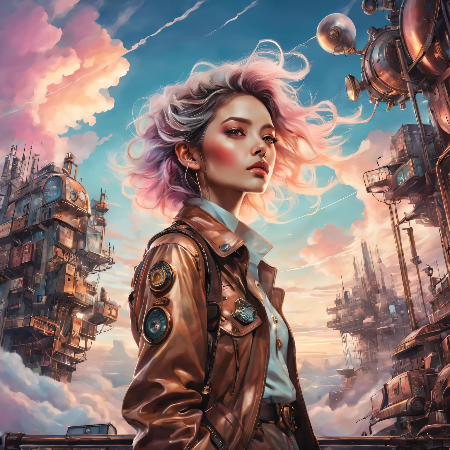 Super detailed、Future retro female pilot、Steampunk clothing、adventure、Clouds cover the sky、futuristic cityscape、metal surfaces、graffiti-covered walls、urban aging、Hair blown by the wind、confident posture、Emerge from the cloud，Hand drawn illustrations，Contrasting colors，(pastel tones)，ethereal beauty，otherworldly scenery，Lens illumination，Impressive machinery，Sunset，creative imagination，work，Full of emotion，Inspiring ambition。