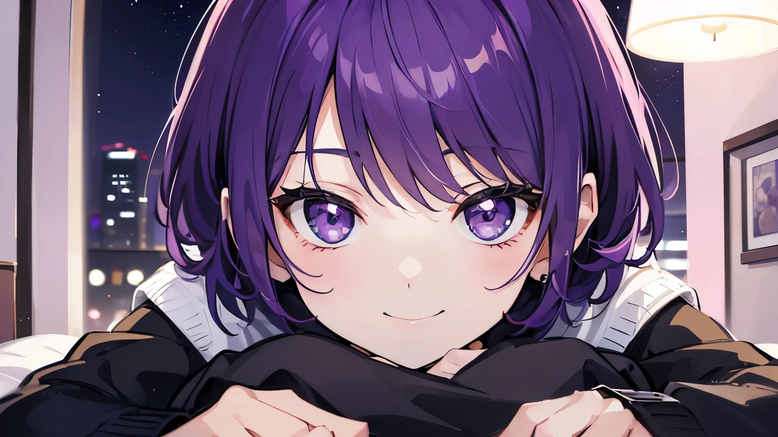 (T Masterpiece，4k wallpaper，best quality))、((girl１people))、(solo)、Brilliant，(purple hair)、(shortcut:1.3)、close up of face、smile、Bedroom、night、sweater