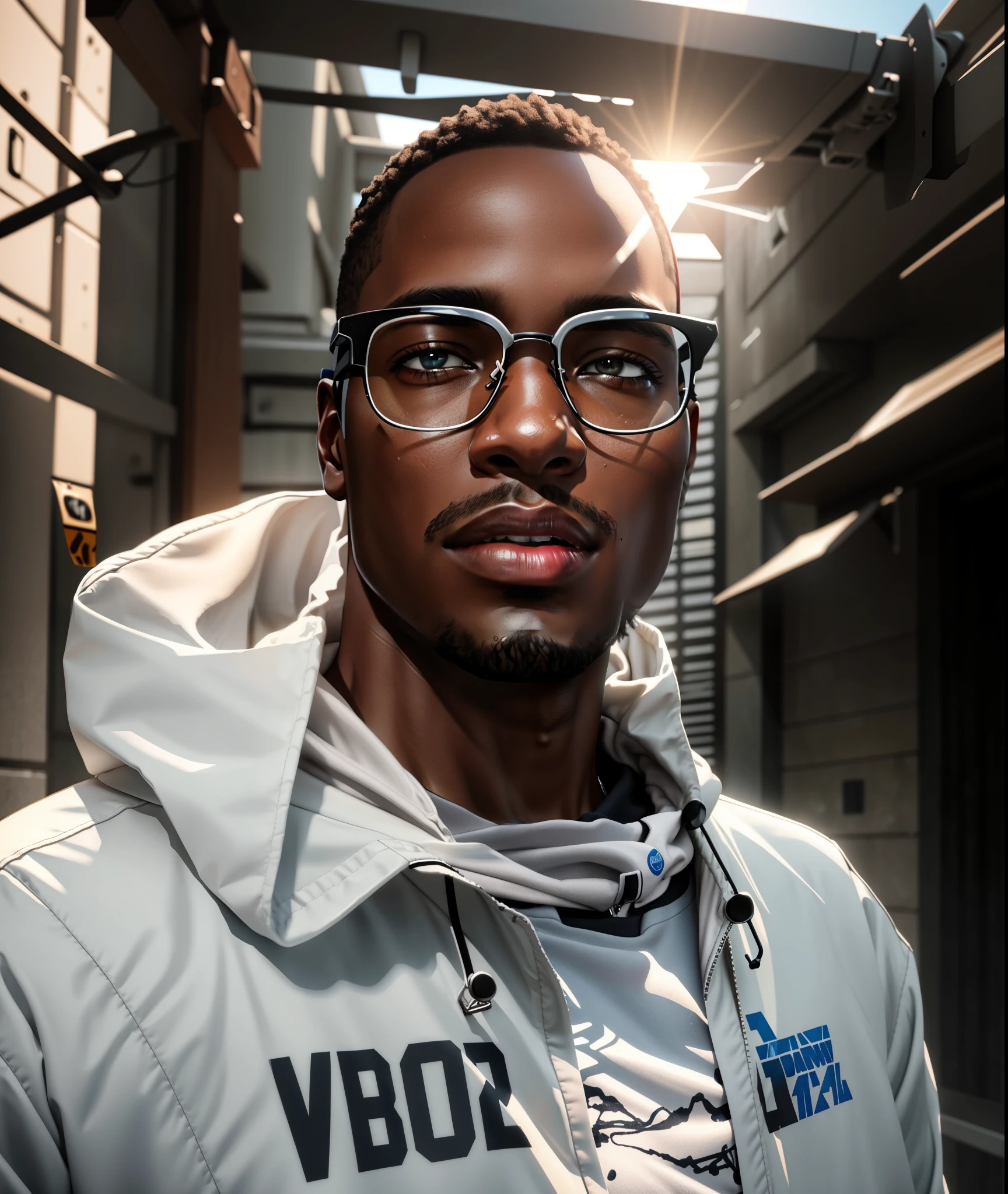 dark skinned young black man is wearing glasses and a white windbreaker hoodie, no facial hair, clean face, RAW, Masterpiece, Super Fine Photo, Ultra High Resolution, Photorealistic, Sunlight, Full Body Portrait, in the style of mecha sci-fi anime, 8k, best quality, highres, Unreal Engine:1.4,Ultra-realistic 64K CG, Photorealista:1.4, Skin Texture:1.4, Volumetric fog, 8k uhd, dslr, high quality, film grain, fair skin, photorealism, lomography, translucent
