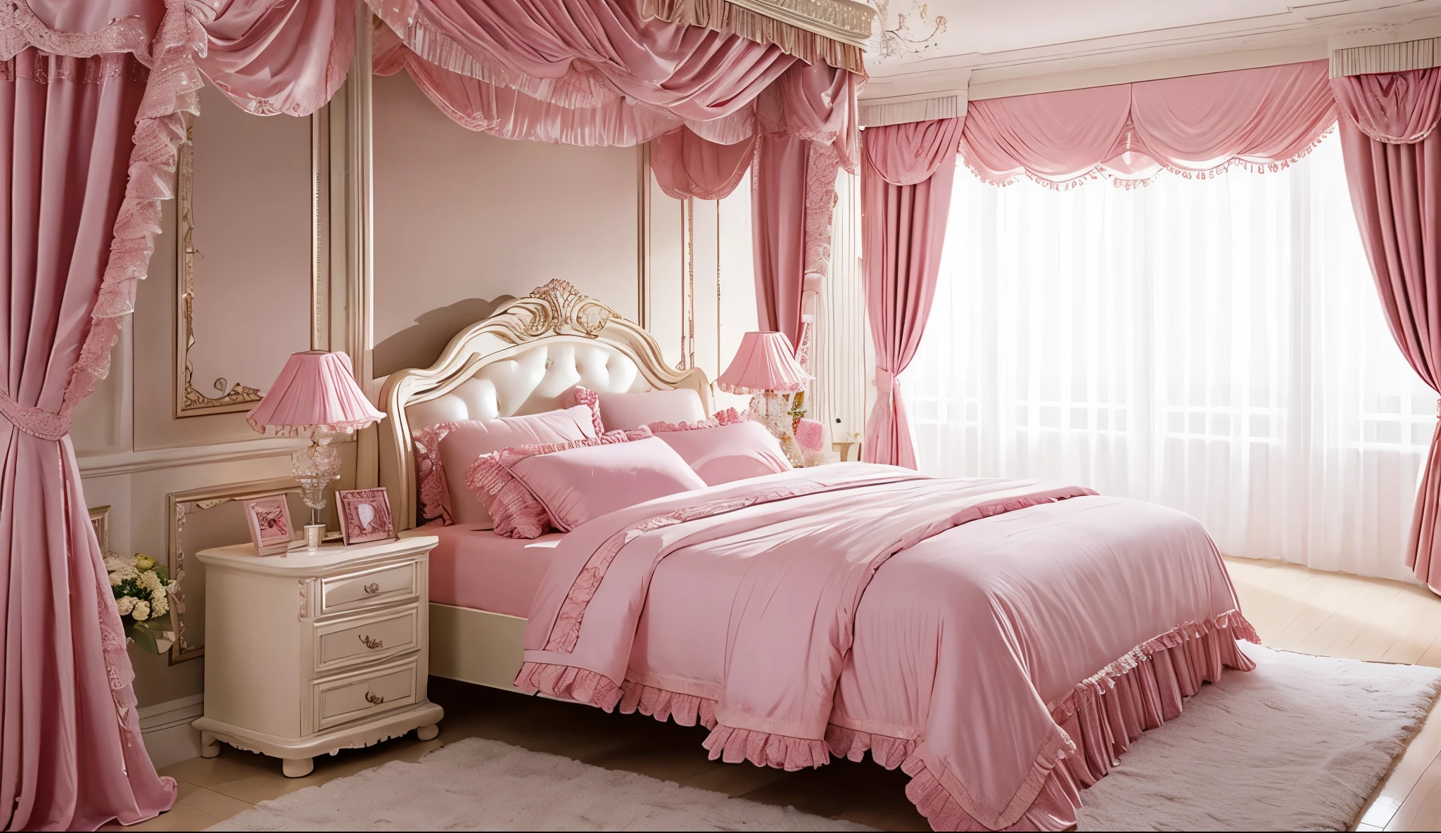 highest quality, masterpiece, highest resolution, artwork, super be familiar with, many detailed, detailed, be familiar with,Exclusive bedroom,luxury,Huge pink canopy bed in the back,Frill curtains,Ruffled pillows,ruffle bed skirt,Fluffy futon,Plush pillow,pink satin,