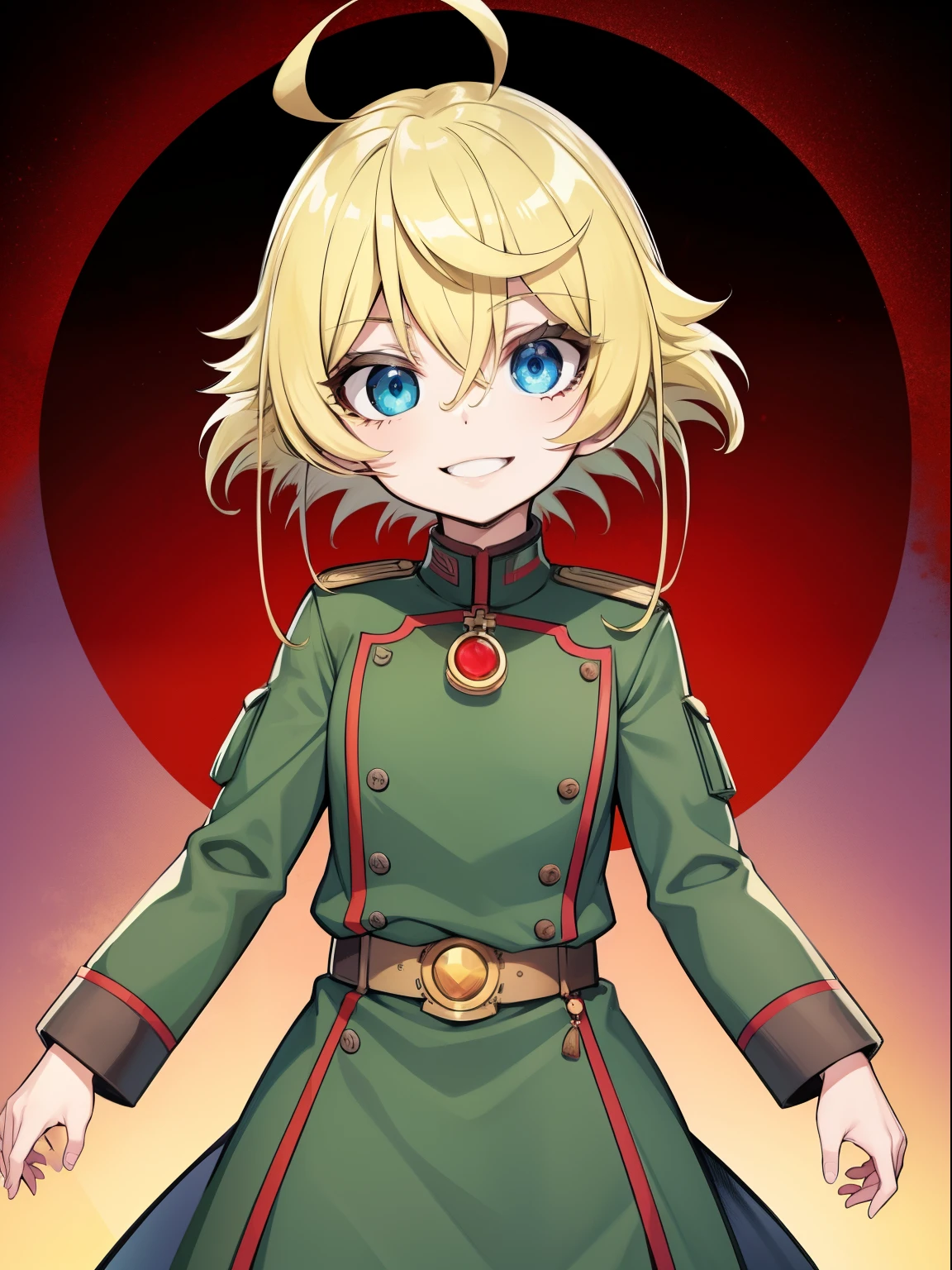 tanya degurechaff, uniforne miitar, sorriso maligno, pequena estatura, olhos assassinos
