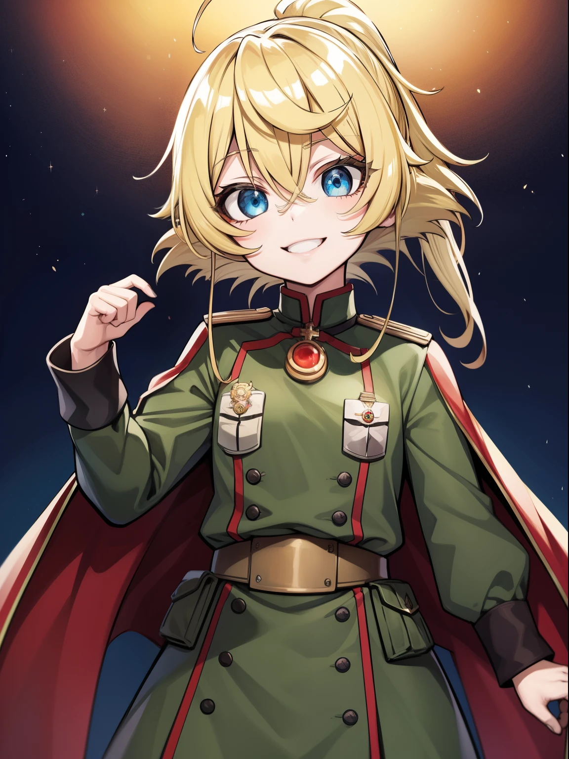 tanya degurechaff, uniforne miitar, sorriso maligno, pequena estatura, olhos assassinos
