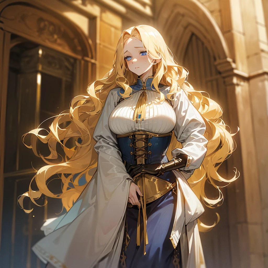 (((Alone))),(((Mature Woman))),(((Blue eyes with golden pigmentation))),(((Long wavy blonde hair))),(((A Shy expression))), (((Pale skin))),(((Wearing medieval clothes))),(((Wearing corset)))