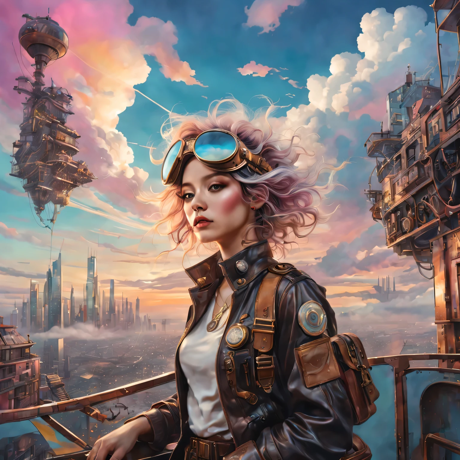 Super detailed、Future retro female pilot、Steampunk clothing、adventure、Clouds cover the sky、futuristic cityscape、metal surfaces、graffiti-covered walls、urban aging、Hair blown by the wind、confident posture、Emerge from the cloud,Hand drawn illustrations,Contrasting colors,(pastel tones),ethereal beauty,otherworldly scenery,Lens illumination,Impressive machinery,Sunset,creative imagination,work,Full of emotion,Inspiring ambition。