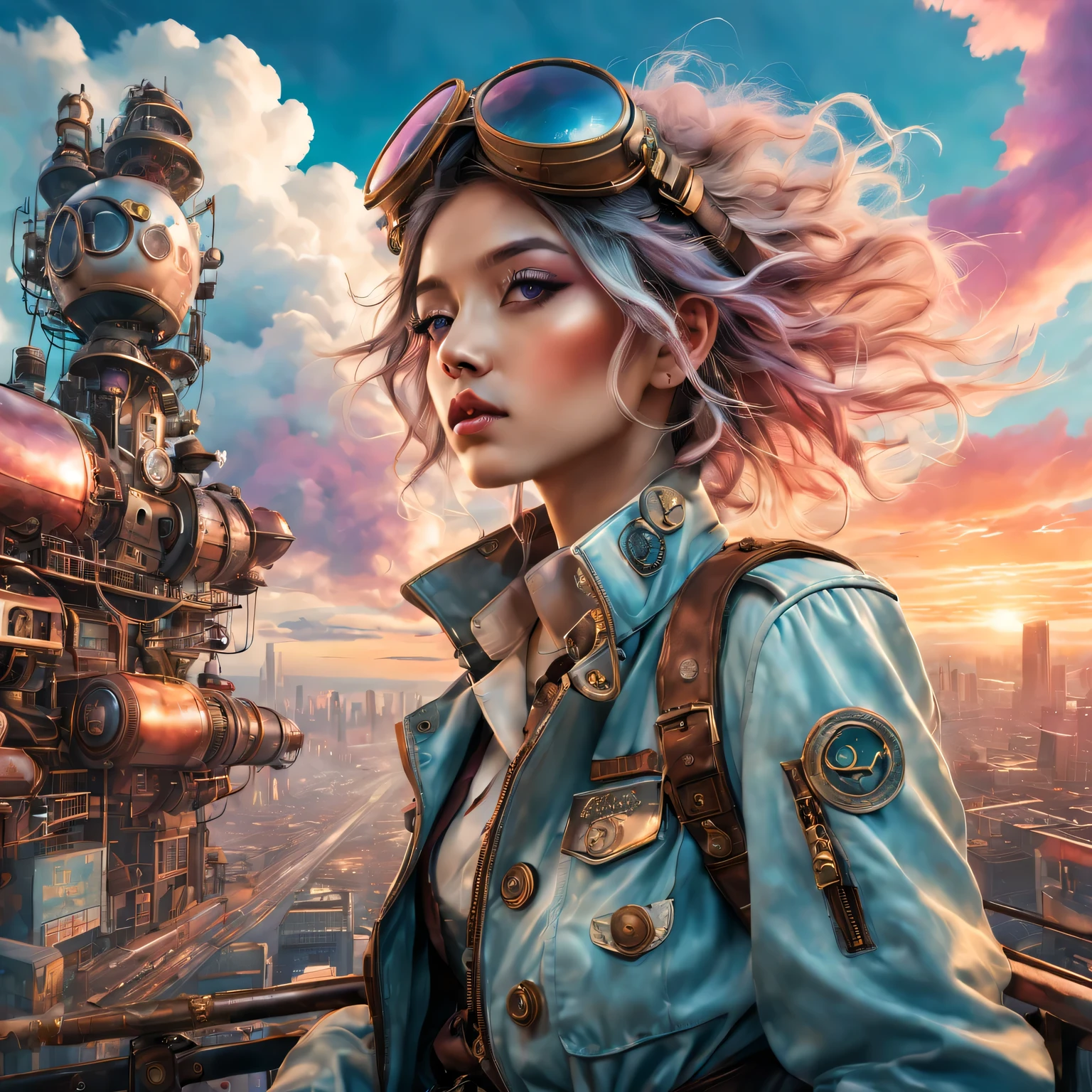 Super detailed、Future retro female pilot、Steampunk clothing、adventure、Clouds cover the sky、futuristic cityscape、metal surfaces、graffiti-covered walls、urban aging、Hair blown by the wind、confident posture、Emerge from the cloud,Hand drawn illustrations,Contrasting colors,(pastel tones),ethereal beauty,otherworldly scenery,Lens illumination,Impressive machinery,Sunset,creative imagination,work,Full of emotion,Inspiring ambition。