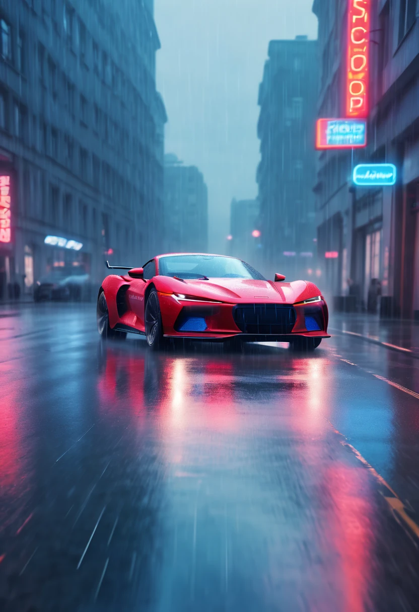 side view,a Sports car driving in the rain along a city street, in the style of neon grids, schizowave, hyper-realistic sci-fi, dusseldorf school of photography, outrun, red and azure,slow shutter, high speed sync,panning shot