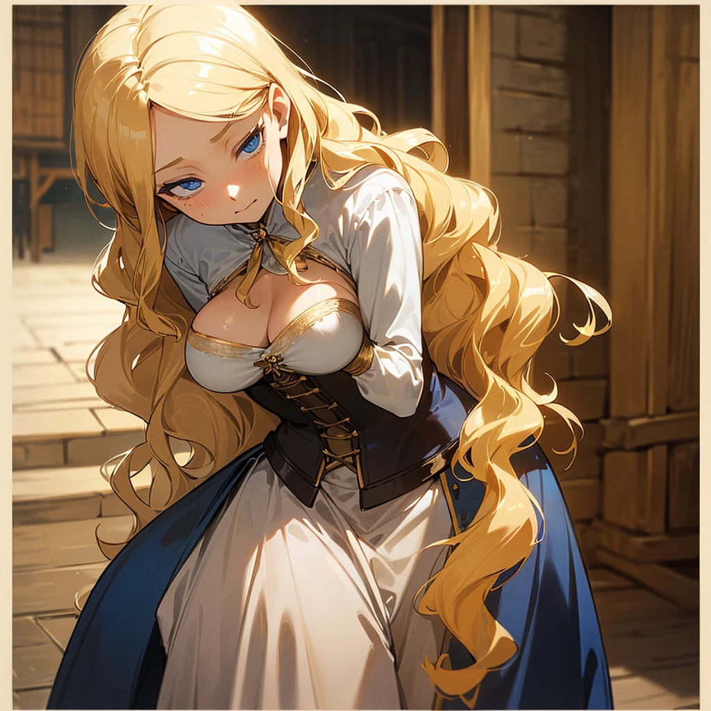 Cute Farmgirl with Braids. ((Blonde haired woman, long hair, pointy ears)), Perfectly round face. Beautiful cute face, Big beautiful voluptuous lips, charming beauty, ((gentle expression on your face)), ((big yellow eyes, gold eyes, beautiful detailed)), Waist slender, Broad Hips ((Dark blue dress with ruffles, modest dress, very high neckline)) (highy detailed)),offcial art, Award-winning digital painting, digital illustration, extreme detail, 4K, ultra HD, Rococo, polished, intrikate, realistic fantasy art, sharp focus, conceptual artwork, arte por wlop, artgerm, (2D vector illustration) Lumiere, airy, hourglass figure. ellie bamber