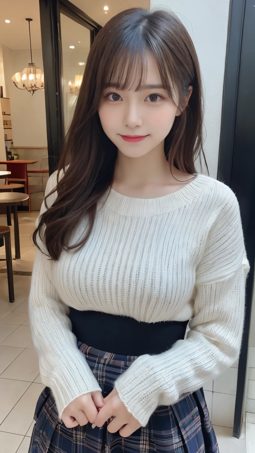  N.F.S.W.、highest quality、disorganized、super detailed、finely、High resolution、8k wallpaper、close up of face、perfect dynamic composition、beautiful and fine eyes、Gorgeous knit Korean winter clothes、skirt、Pretty hairstyle、bangs、big breasts、natural color lip、bold sexy pose、smile、Cafe、Japanese、15 year old girl、cute、sexy shot looking at camera、Always blur the background、perfect and beautiful face,Take only the face、beautiful and detailed face、slim face and style