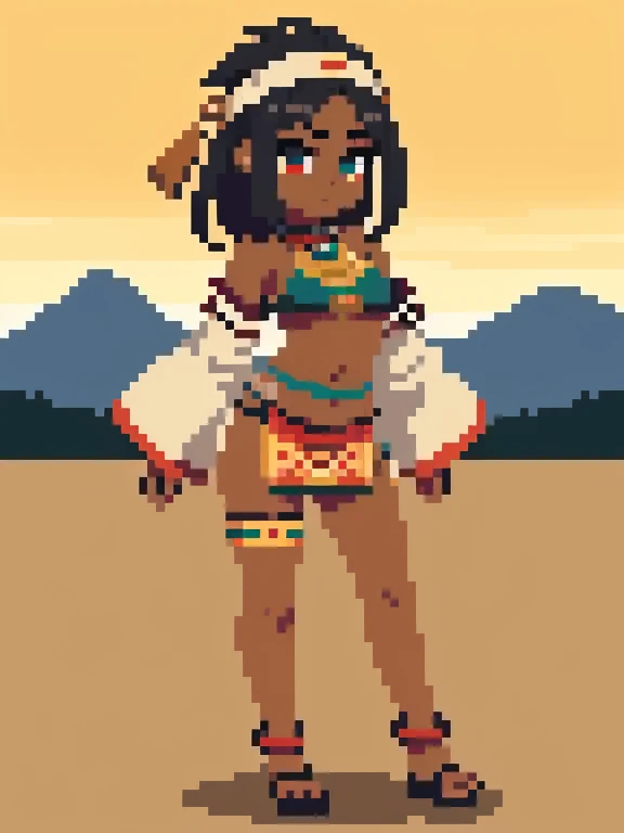 (1girl),young lady, ((tanned skin)),(dark skin hue), indigenous skin color, ((inka culture clothing)), green mountains, full body, noblegirl, golden accessories.