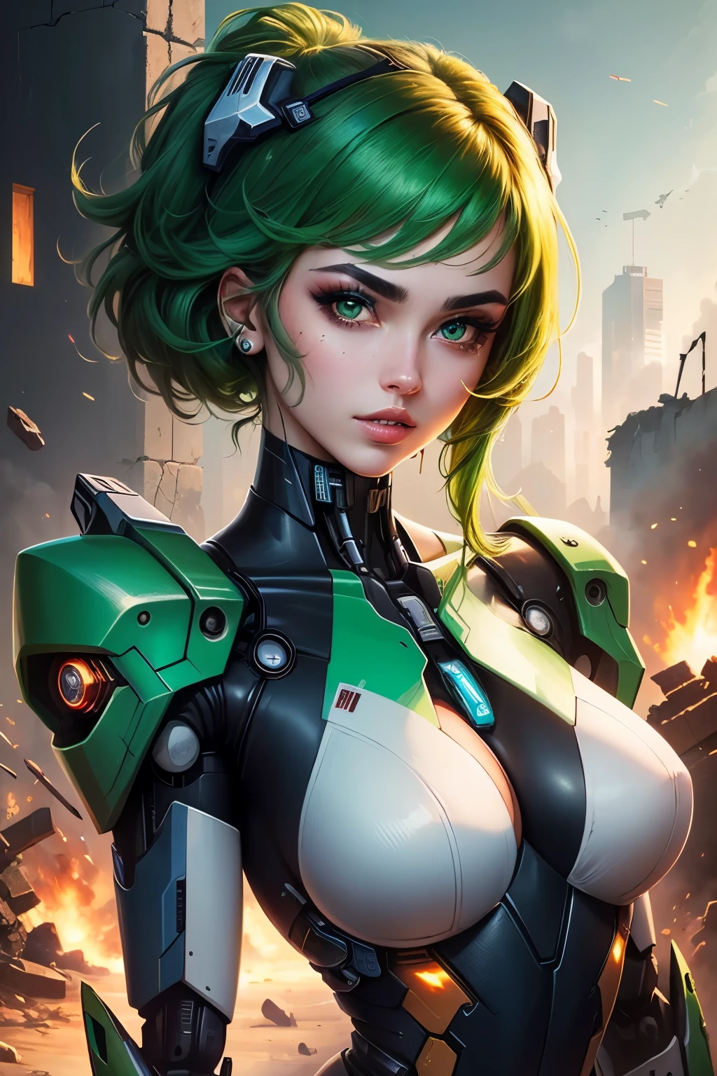 Beauty, tall eyebrows, beautiful face, flawless, cyberpunk style, green hair, green eyes, (mecha: 1.3), technological ruins, explosions, super details, masterpiece