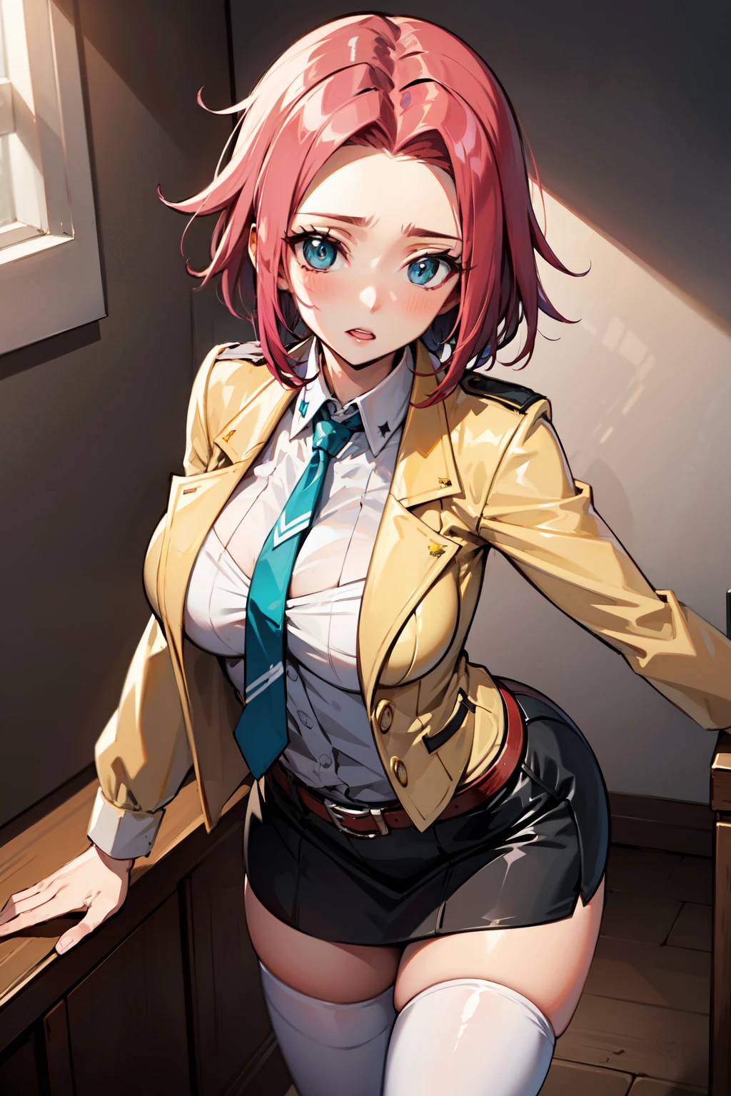 (masterpiece, best quality, ultra-detailed), KallenStadfeld, blue eyes, pink hair, short hair, hair intakes, collared shirt, (yellow jacket:1.2), (black miniskirt:1.2), (green necktie:1.4), belt, (white shirt:1.2), (white thighhighs:1.3), zettai ryouiki, standing, dynamic pose, room, sunshine