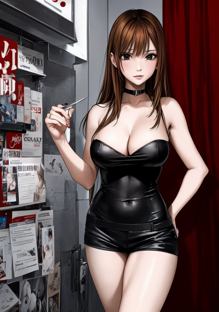 A beautiful adult woman with shoulder-length big breasts, beautiful legs, and a sharp face is standing facing a middle-aged man in a suit wearing a black tube top that exposes her navel and hot pants shaped like black panties.。