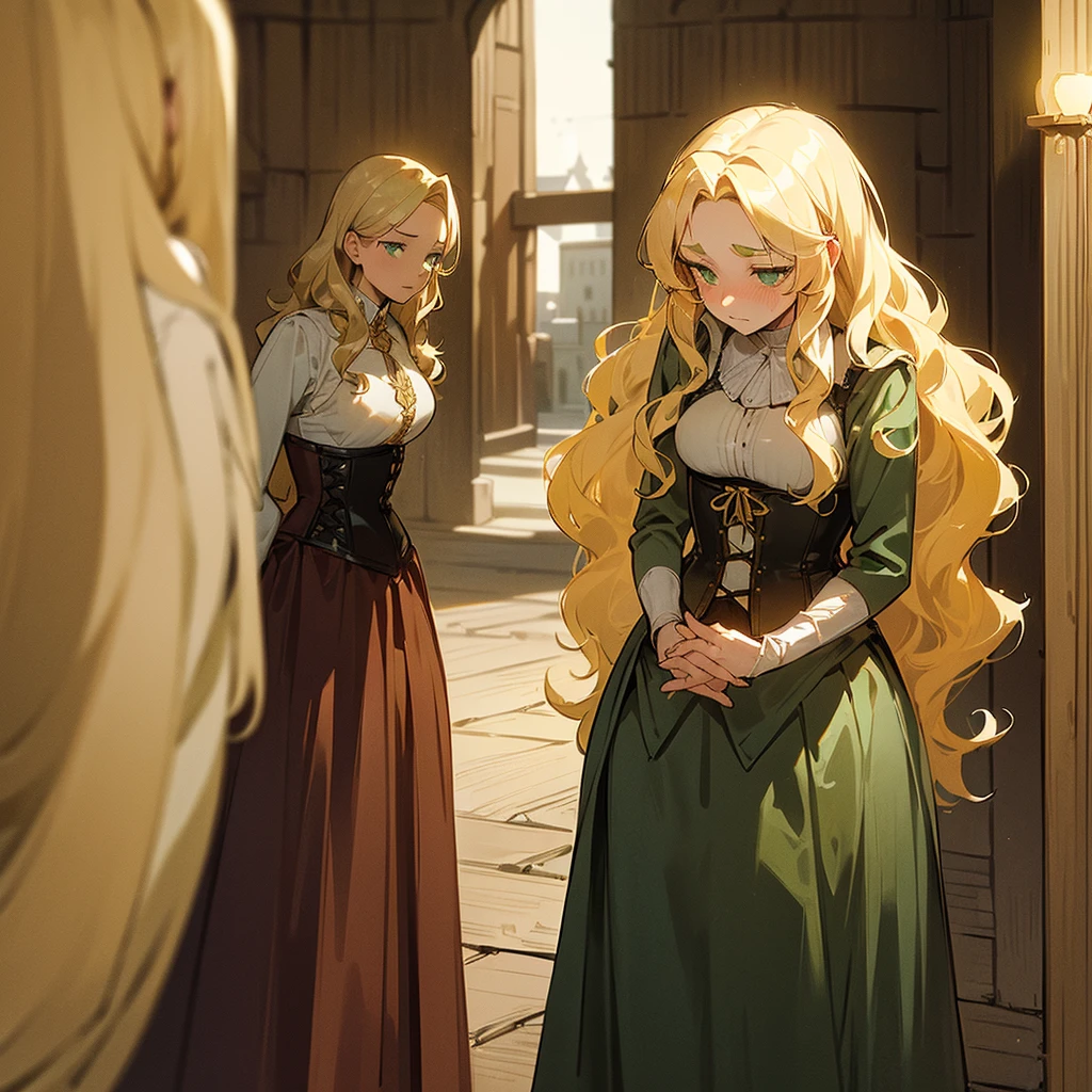 (((Alone))),(((Mature Woman))),(((Green eyes with golden pigmentation))),(((Long wavy blonde hair))),(((A Shy expression))), (((Light Skin))),(((Wearing medieval clothes))),(((Wearing corset)))