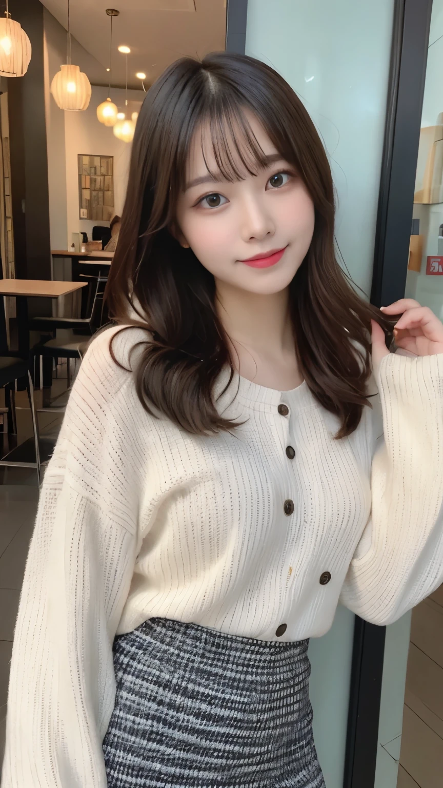 N.F.S.W.、highest quality、disorganized、super detailed、finely、High resolution、8k wallpaper、close up of face、perfect dynamic composition、beautiful and fine eyes、Gorgeous knit Korean winter clothes、skirt、Pretty hairstyle、bangs、big breasts、natural color lip、bold sexy pose、smile、Cafe、Japanese、 girl、cute、sexy shot looking at camera、Always blur the background、perfect and beautiful face,Take only the face、beautiful and detailed face、slim face and style
