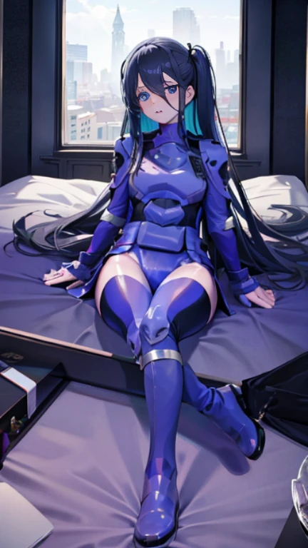 highest quality,sleep on your back in bed，Crab crotch，show me your boots，thigh high boots，leotardチラ見せ，glove，elegant, 1 girl, leotard，body suit，cute, blushed, looking at the viewer, from below, prison，blue eyes, beautiful eyes, beautiful background, particles of light, Light of the sun, dramatic lighting, outside, shiny, realistic, table top, highest quality, Super detailed, get used to it, scenery, beautiful and detailed eyes, thin hair，full body shot，