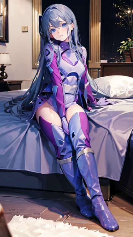 highest quality,sleep on your back in bed，Crab crotch，show me your boots，thigh high boots，leotardチラ見せ，glove，elegant, 1 girl, leotard，body suit，cute, blushed, looking at the viewer, from below, prison，blue eyes, beautiful eyes, beautiful background, particles of light, Light of the sun, dramatic lighting, outside, shiny, realistic, table top, highest quality, Super detailed, get used to it, scenery, beautiful and detailed eyes, thin hair，full body shot，