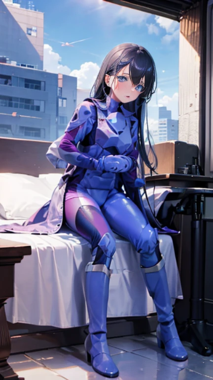 highest quality,sleep on your back in bed，Crab crotch，show me your boots，thigh high boots，leotardチラ見せ，glove，elegant, 1 girl, leotard，body suit，cute, blushed, looking at the viewer, from below, prison，blue eyes, beautiful eyes, beautiful background, particles of light, Light of the sun, dramatic lighting, outside, shiny, realistic, table top, highest quality, Super detailed, get used to it, scenery, beautiful and detailed eyes, thin hair，full body shot，