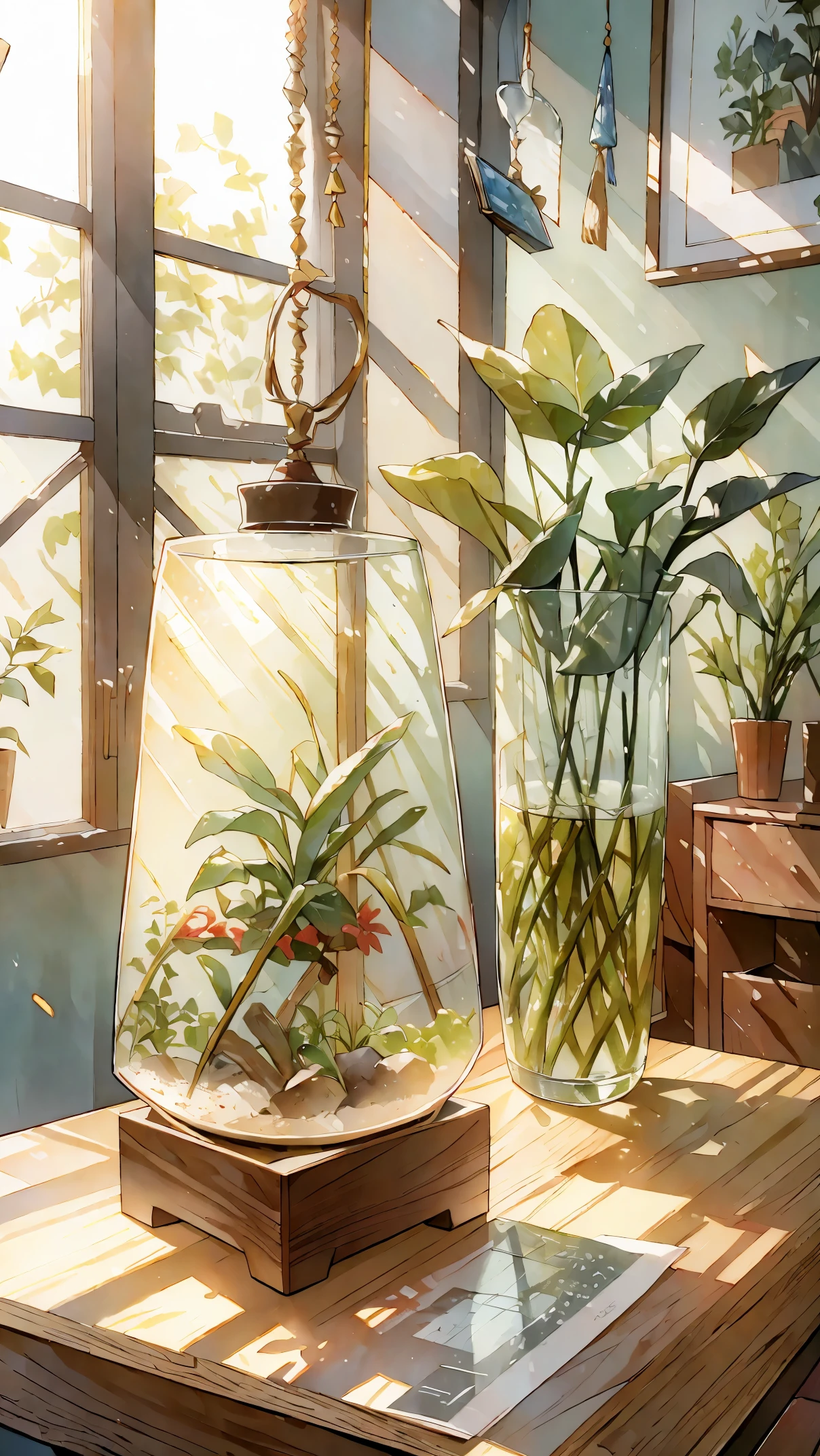(8K, RAW photo, highest quality, masterpiece: 1.2), 柔らかな色合いのAn illustration:1.5, terrarium on the table、An illustration、plants and leaves、Clear glass、mid century modern style、Bright colors、soft lighting