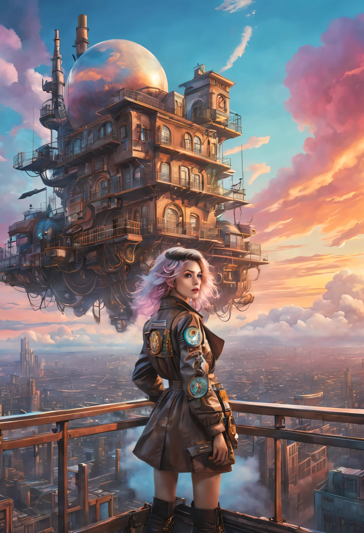 Super detailed、Future retro female pilot、Steampunk clothing、adventure、Clouds cover the sky、futuristic cityscape、metal surfaces、graffiti-covered walls、urban aging、Hair blown by the wind、confident posture、Emerge from the cloud，Hand drawn illustrations，Contrasting colors，(pastel tones)，ethereal beauty，otherworldly scenery，Lens illumination，Impressive machinery，Sunset，creative imagination，work，Full of emotion，Inspiring ambition。