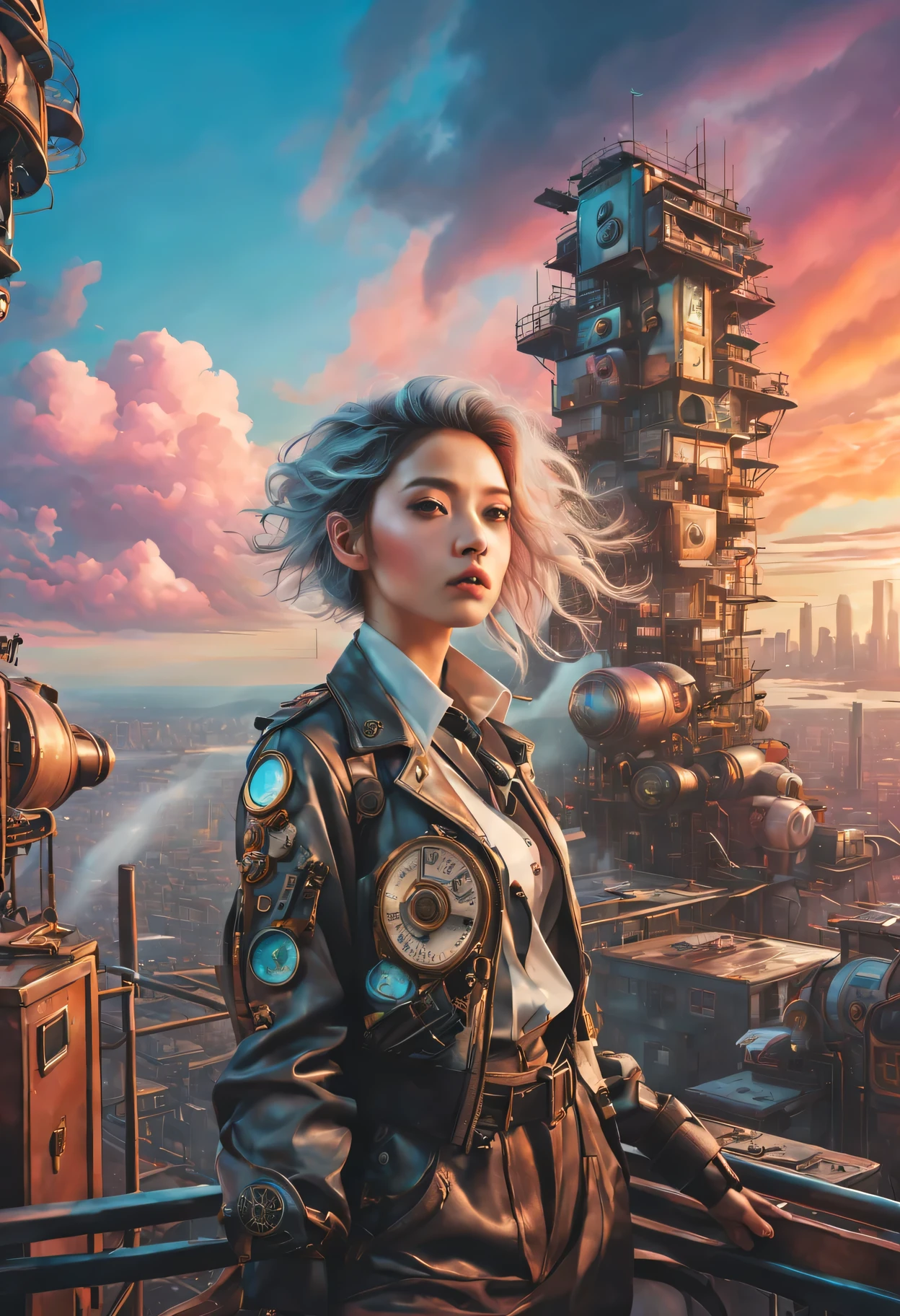Super detailed、Future retro female pilot、Steampunk clothing、adventure、Clouds cover the sky、futuristic cityscape、metal surfaces、graffiti-covered walls、urban aging、Hair blown by the wind、confident posture、Emerge from the cloud，Hand drawn illustrations，Contrasting colors，(pastel tones)，ethereal beauty，otherworldly scenery，Lens illumination，Impressive machinery，Sunset，creative imagination，work，Full of emotion，Inspiring ambition。
