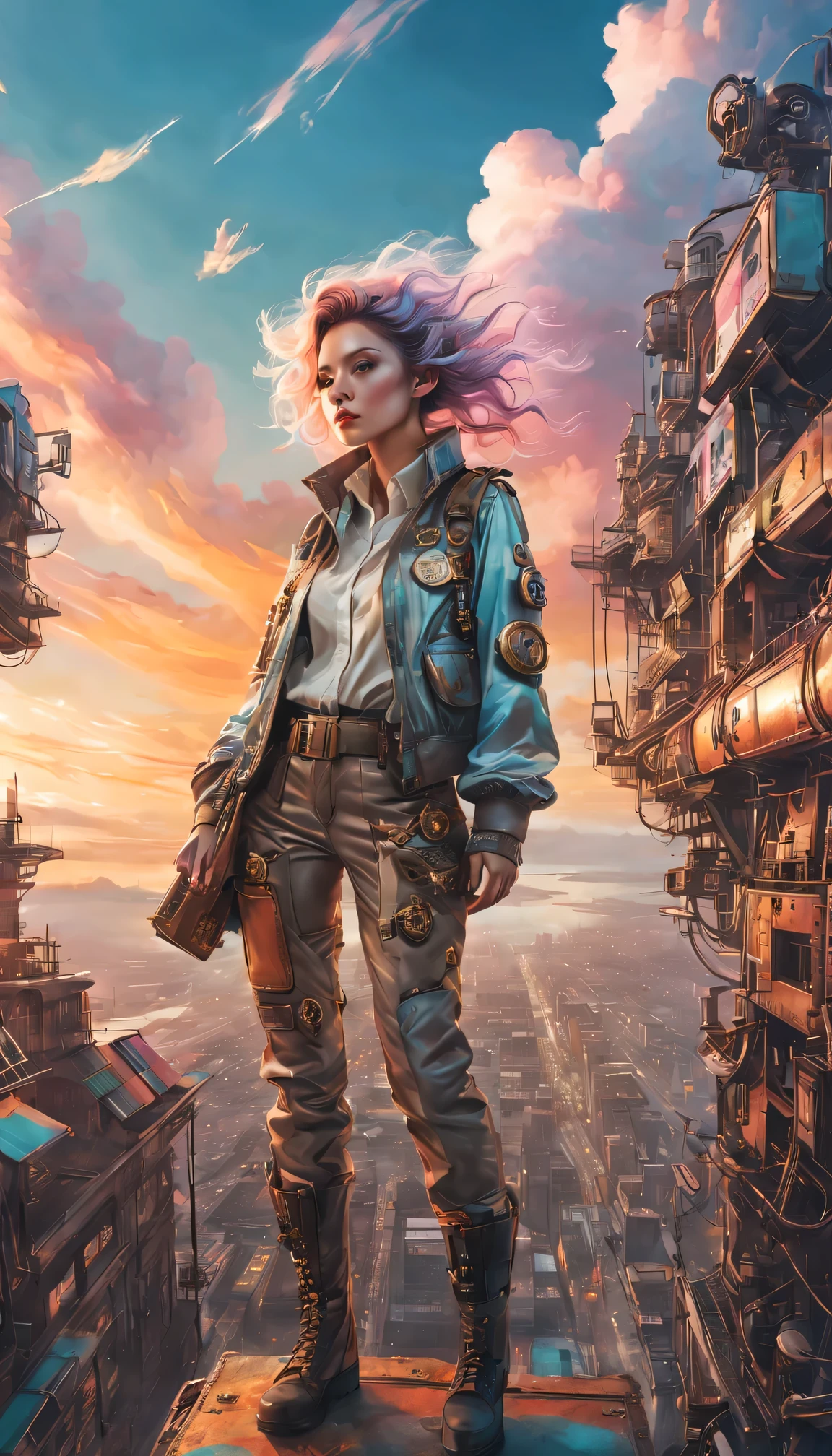 Super detailed、Future retro female pilot、Steampunk clothing、adventure、Clouds cover the sky、futuristic cityscape、metal surfaces、graffiti-covered walls、urban aging、Hair blown by the wind、confident posture、Emerge from the cloud,Hand drawn illustrations,Contrasting colors,(pastel tones),ethereal beauty,otherworldly scenery,Lens illumination,Impressive machinery,Sunset,creative imagination,work,Full of emotion,Inspiring ambition。