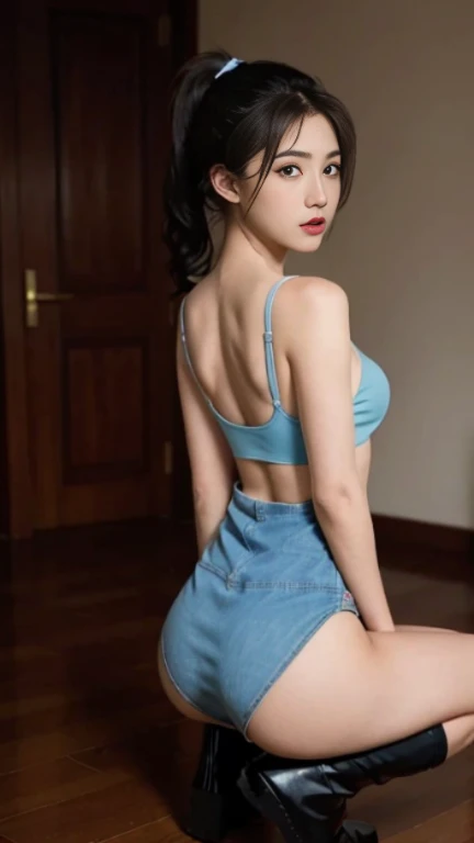 best quality， master piece， High resolution，8K，（Realistic：1.4），超High resolution，1 girl， super detailed， 超Realistic， Highly detailed CG illustration， official art， whole body,cinematic light， Realisticな， young and beautiful girl， looking to the side,raise your legs,perfect body shape， perfect body shape， full gonzo， perfect body， （It starts with：1.3）,very muscular body。,卑猥なPause， long and sexy legs， very long black boots，have confidence， beautiful sexy， mini skirt,white underwear，Cool Full， S-shaped body， upturned butt，上でPauseをとる，Pause，different perspectives,ponytail hairstyle,open your mouth wide,