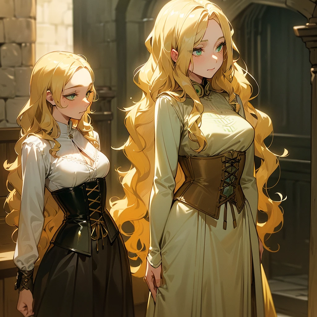 (((Alone))),(((Mature Woman))),(((Green eyes with golden pigmentation))),(((Long wavy blonde hair))),(((A Shy expression))), (((Light Skin))),(((Wearing medieval clothes))),(((Wearing corset))),(((Medium chest and slim waist)))
