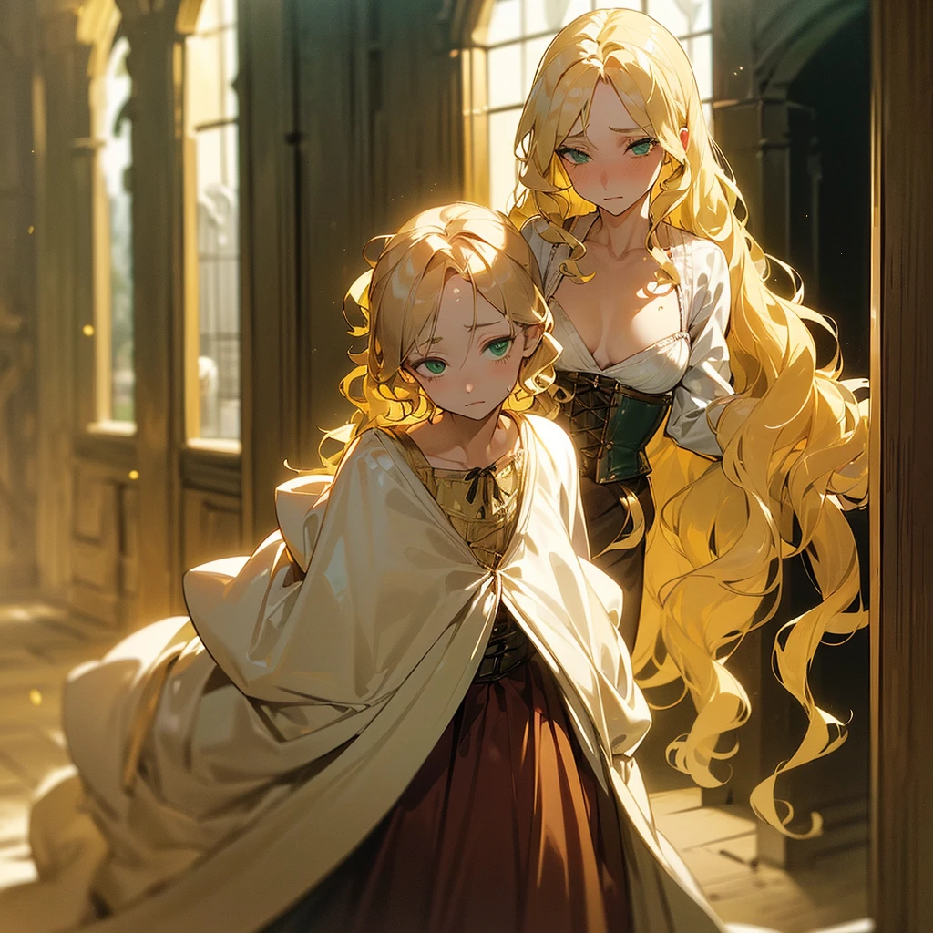 (((Alone))),(((Mature Woman))),(((Green eyes with golden pigmentation))),(((Long wavy blonde hair))),(((A Shy expression))), (((Light Skin))),(((Wearing medieval clothes))),(((Wearing corset))),(((Medium chest and slim waist)))