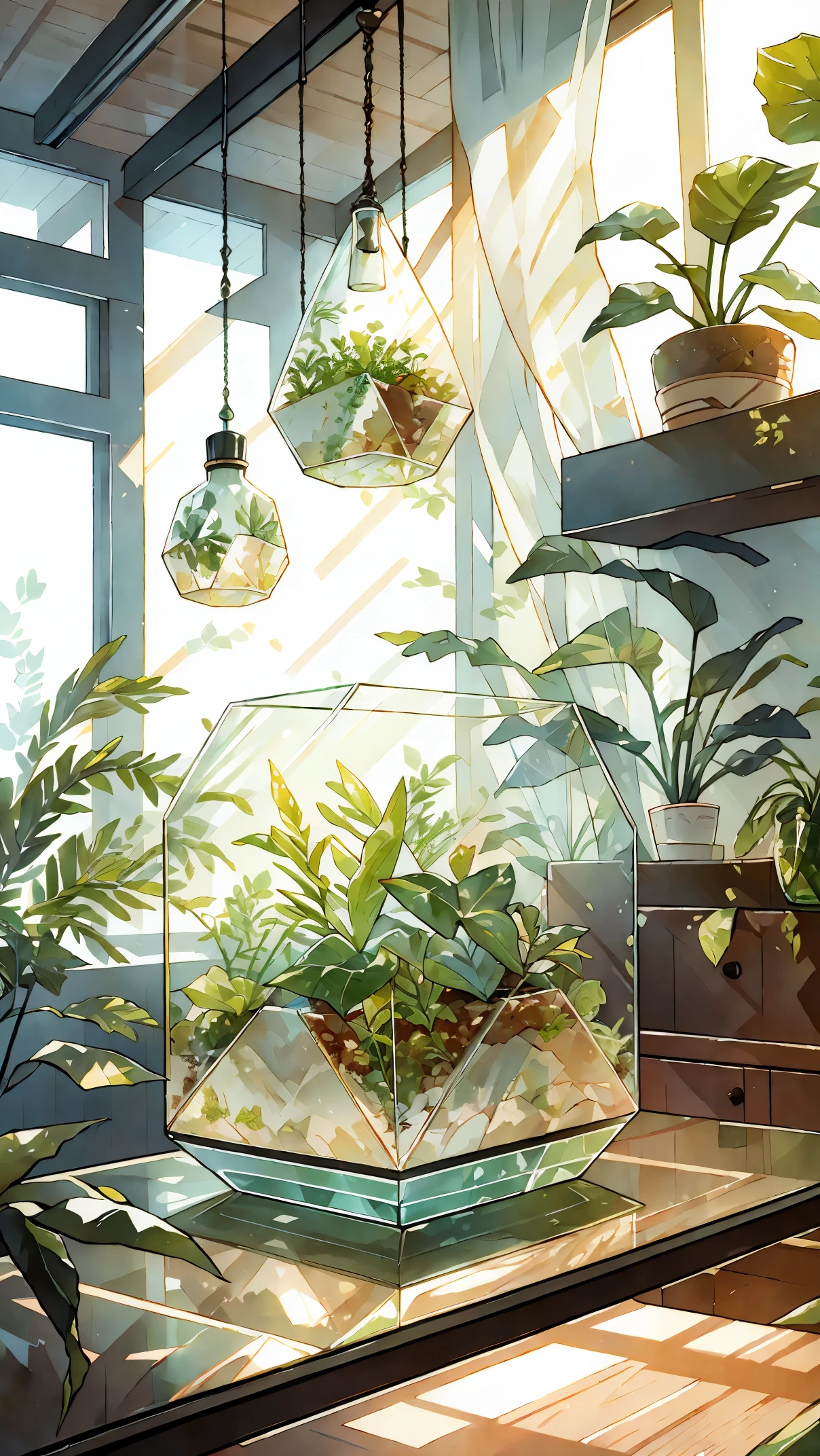 a terrarium on the table,illustration,plants and foliage,crystal clear glass,Mid-century modern style,vibrant colors,soft lighting