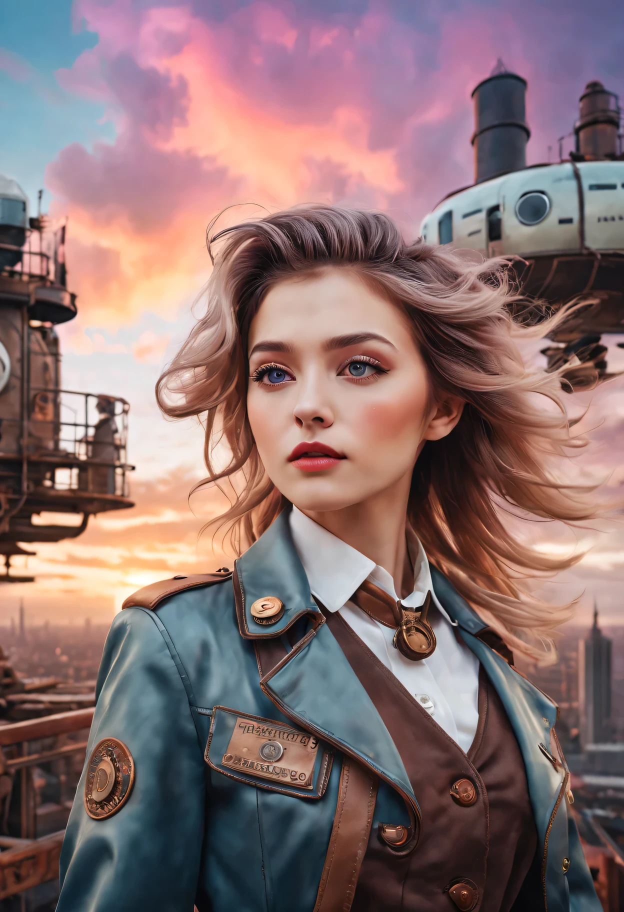 （best quality，4K，8k，masterpiece：1.2），Super fine，（lifelike，photorealism，照片lifelike度：1.37），Future retro female pilot、Her eyes are very delicate，Long eyelashes make her even more attractive。soft, Natural light illuminates her face，Highlight her expressive lips，A faint smile hanging on the corner of the mouth。Steampunk clothing、adventure、Clouds cover the sky、futuristic cityscape、metal surfaces、graffiti-covered walls、urban aging、Hair blown by the wind、confident posture、Emerge from the cloud，Hand drawn illustrations，Contrasting colors，(pastel tones)，ethereal beauty，otherworldly scenery，Lens illumination，Impressive machinery，Sunset，creative imagination，work，Full of emotion，Inspiring ambition。