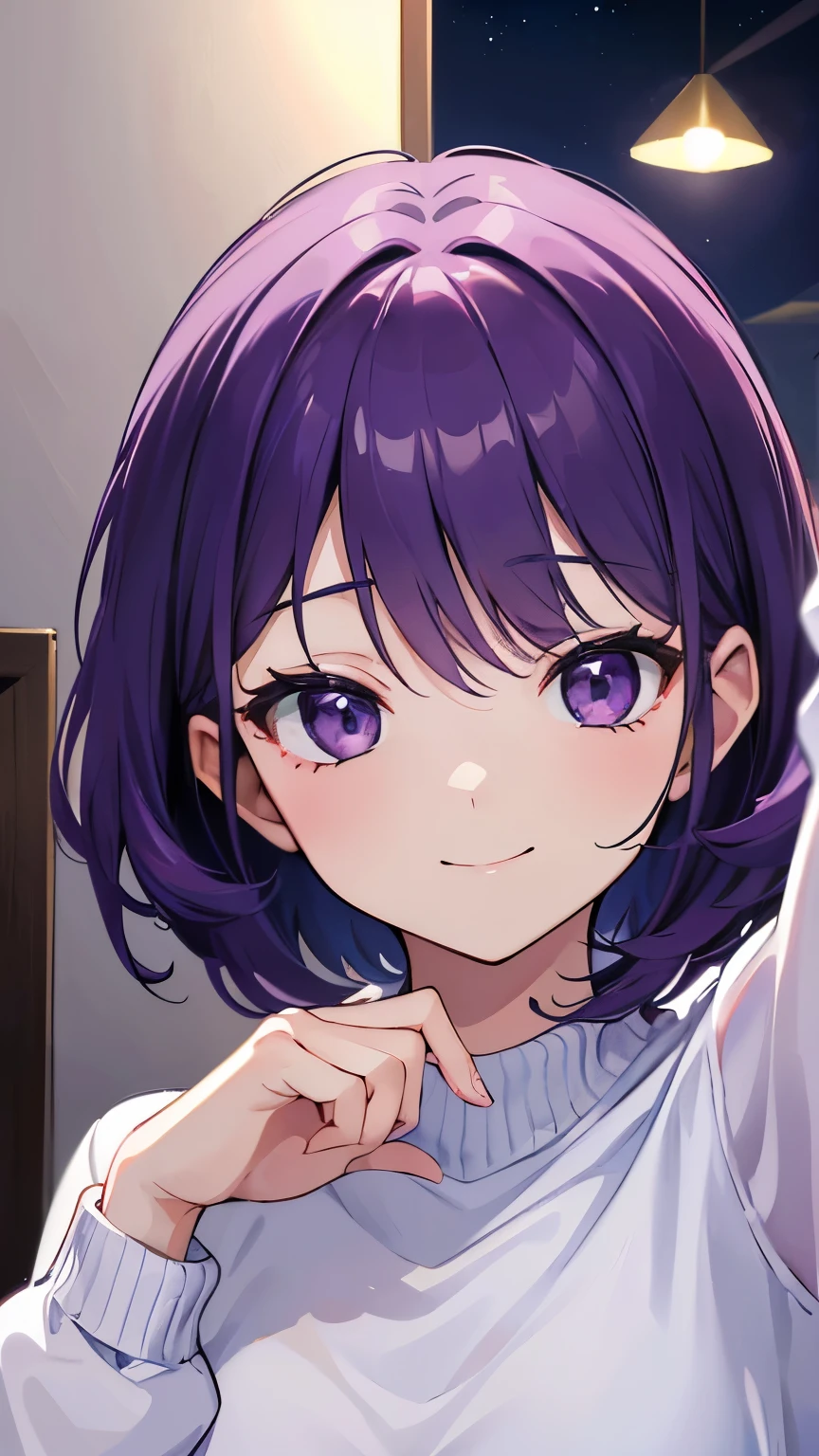 (T Masterpiece,4k wallpaper,best quality))、((girl1people))、(solo)、Brilliant,(purple hair)、(shortcut:1.3)、close up of face、smile、Bedroom、night、nightwear