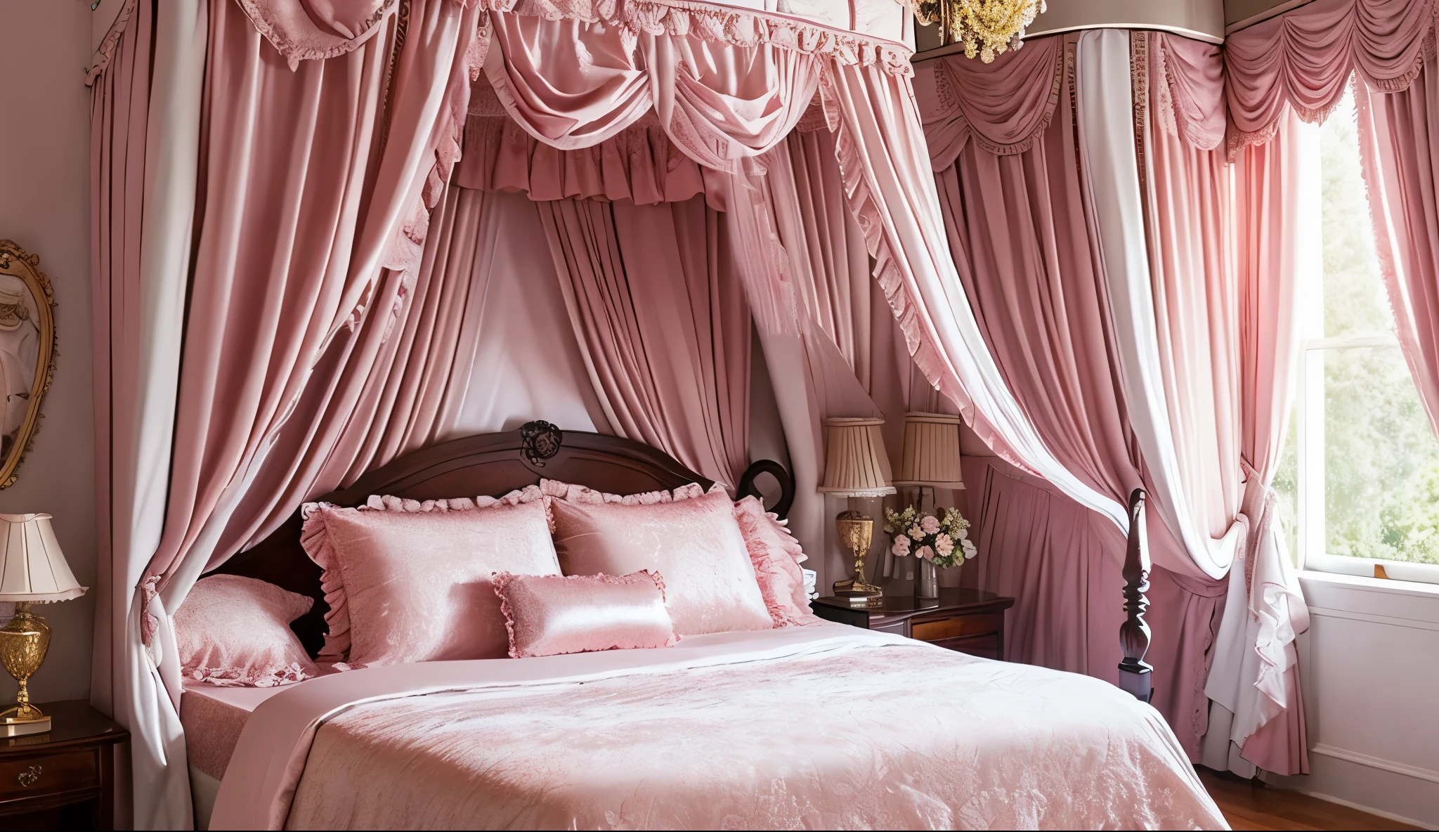 highest quality, masterpiece, highest resolution, artwork, super be familiar with, many detailed, detailed, be familiar with,Exclusive bedroom,luxury,Victorian,pink giant canopy bed,Frill curtains,Ruffled pillows,ruffle bed skirt,Fluffy futon,Plush pillow,Satin fabric,