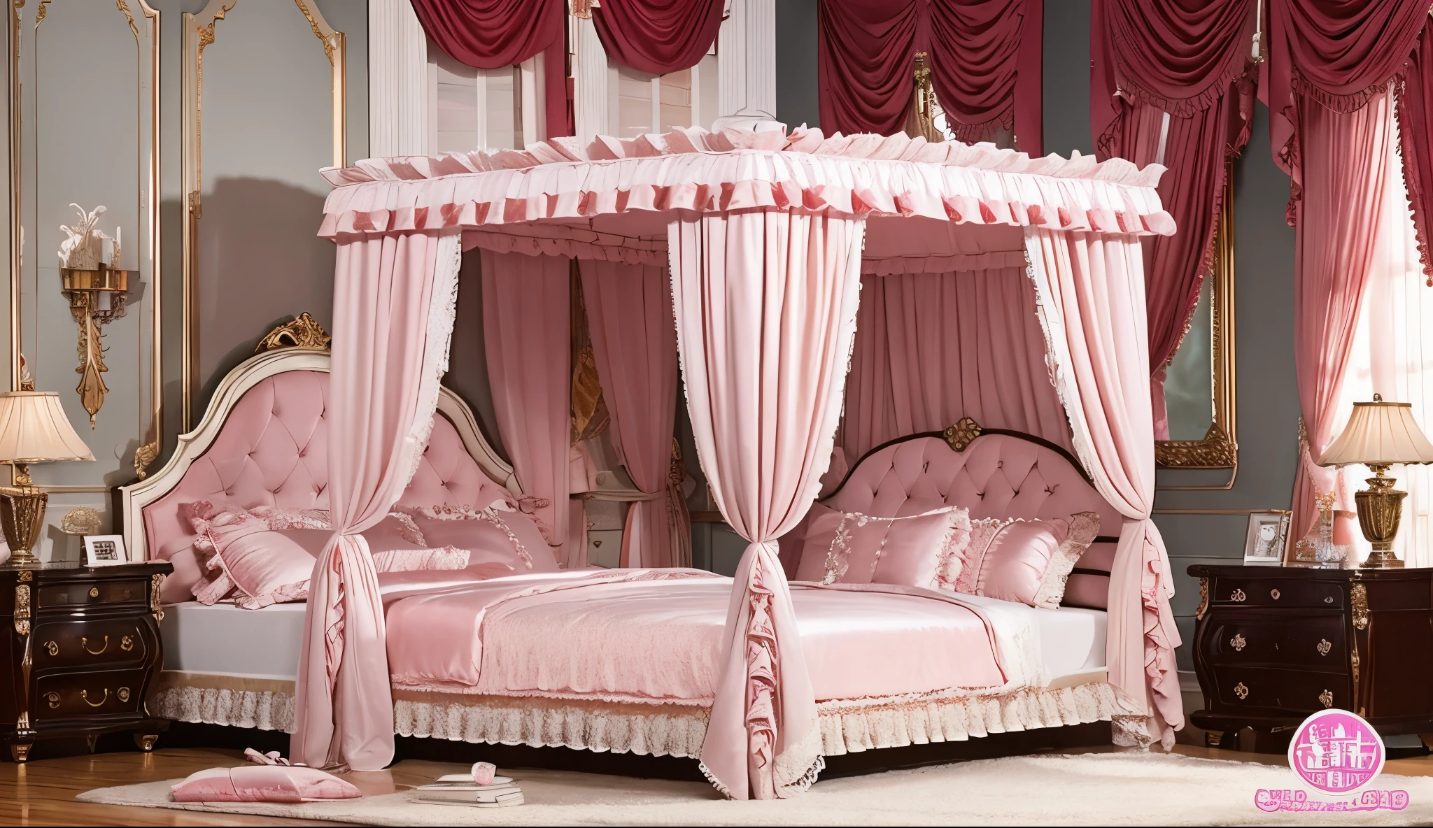 highest quality, masterpiece, highest resolution, artwork, super be familiar with, many detailed, detailed, be familiar with,Exclusive bedroom,luxury,Victorian,pink giant canopy bed,Frill curtains,Ruffled pillows,ruffle bed skirt,Fluffy futon,Plush pillow,Satin fabric,