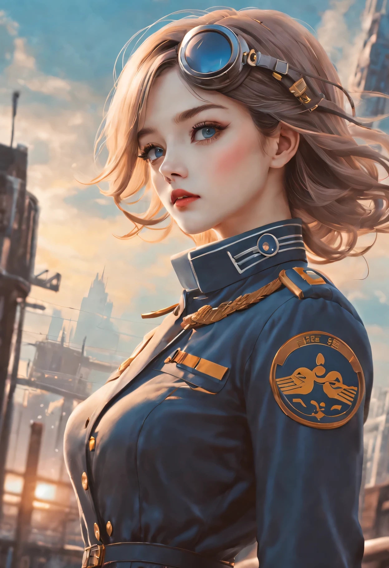 （best quality，4K，8k，masterpiece：1.2），Super fine，（lifelike，photorealism，照片lifelike度：1.37），Future retro female pilot、Her eyes are very delicate，Long eyelashes make her even more attractive。soft, Natural light illuminates her face，Highlight her expressive lips，A faint smile hanging on the corner of the mouth。Steampunk clothing、adventure、Clouds cover the sky、futuristic cityscape、metal surfaces、graffiti-covered walls、urban aging、Hair blown by the wind、confident posture、Emerge from the cloud，Hand drawn illustrations，Contrasting colors，(pastel tones)，ethereal beauty，otherworldly scenery，Lens illumination，Impressive machinery，Sunset，creative imagination，work，Full of emotion，Inspiring ambition。