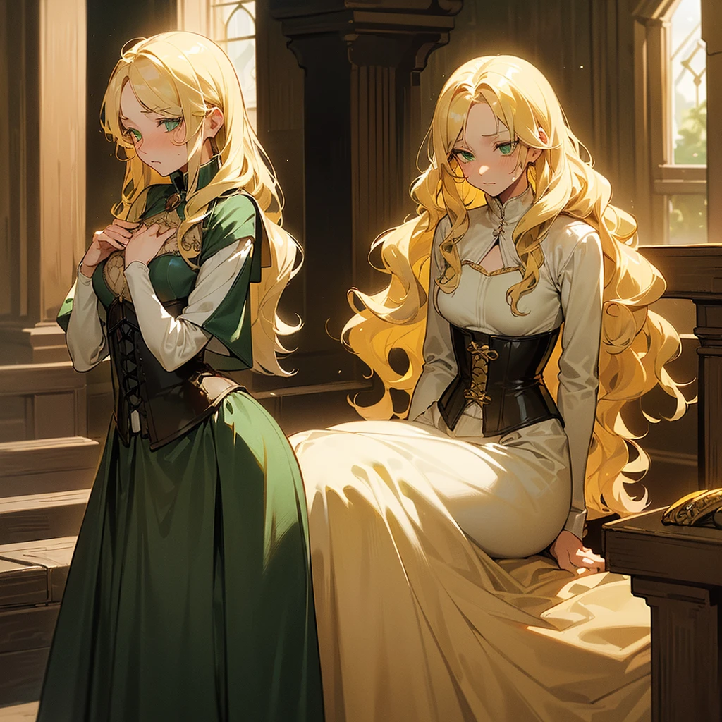 (((Alone))),(((Mature Woman))),(((Green eyes with golden pigmentation))),(((Long wavy blonde hair))),(((A Shy expression))), (((Light Skin))),(((Wearing medieval clothes))),(((Wearing corset))),(((Medium chest and slim waist)))